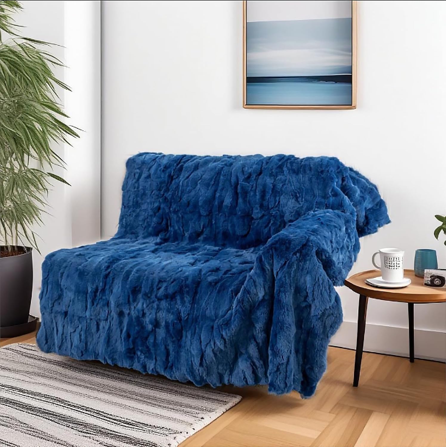 Luxury Rex Rabbit Hide Fur Throw Blanket for Couch Ultra Soft Plush Pelt Skin Warm Blanket Large Throw Bedspread for Sofa Bed Dark Blue 55in x 78.7in