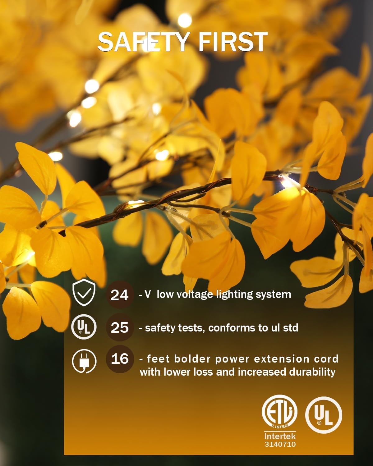 6FT 5-Leaf Lucky Tree Christmas Tree with Warm White Lights - 300 LEDs Weatherproof Indoor/Outdoor Lighted Maple Tree, 16ft Extension Cord & Stakes, 4 Dimming Modes + Timer (Yellow) - Image 6