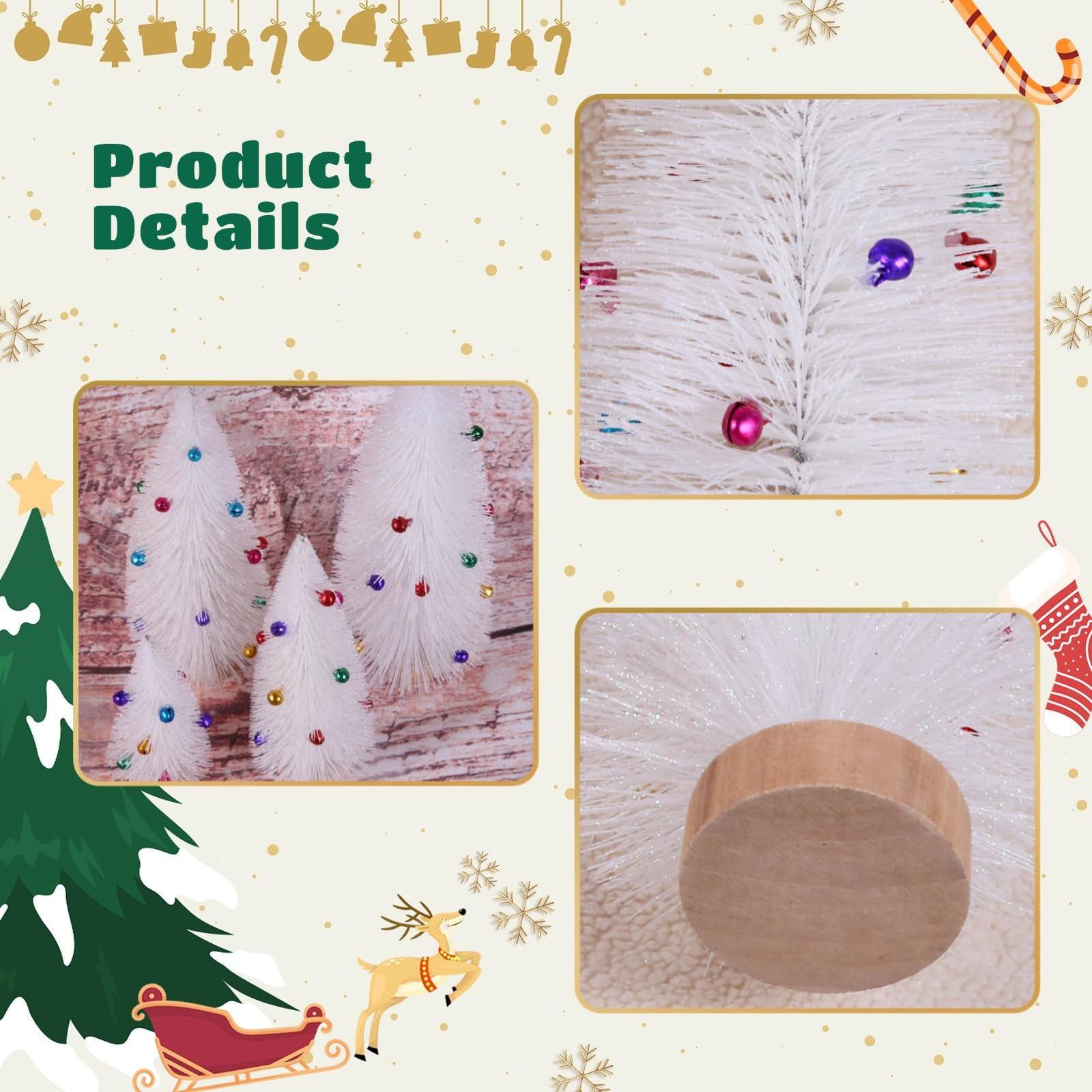 4 Stück Mini-Weihnachtsbäume, weiße Tischbäume in Frostoptik mit Glocken und Holzsockel, künstliche Kiefern von 6 bis 12 Zoll mit Buntem Baumschmuck für Weihnachtsfeier und Heimdeko