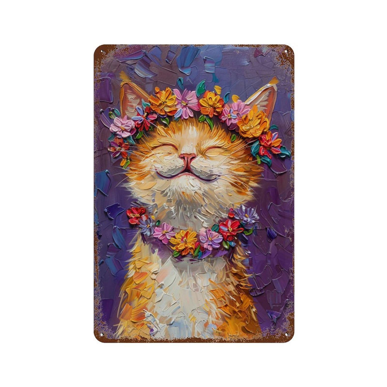 YHGERTKU Flower Crown Happy Cat Oil 02 Wall Art Retro Iron Vintage Metal Tin Sign Poster Modern Decor for Living Rooms Gift 30x20cm