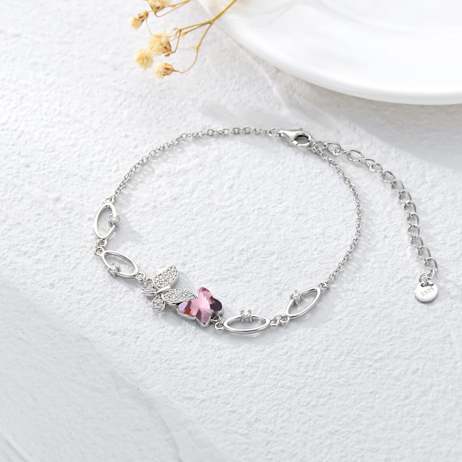 Blue Purple Butterfly Bracelet 925 Sterling Silver for Women Cute Crystal Butterfly Jewelry Gifts for Teen Girls 7''+2''