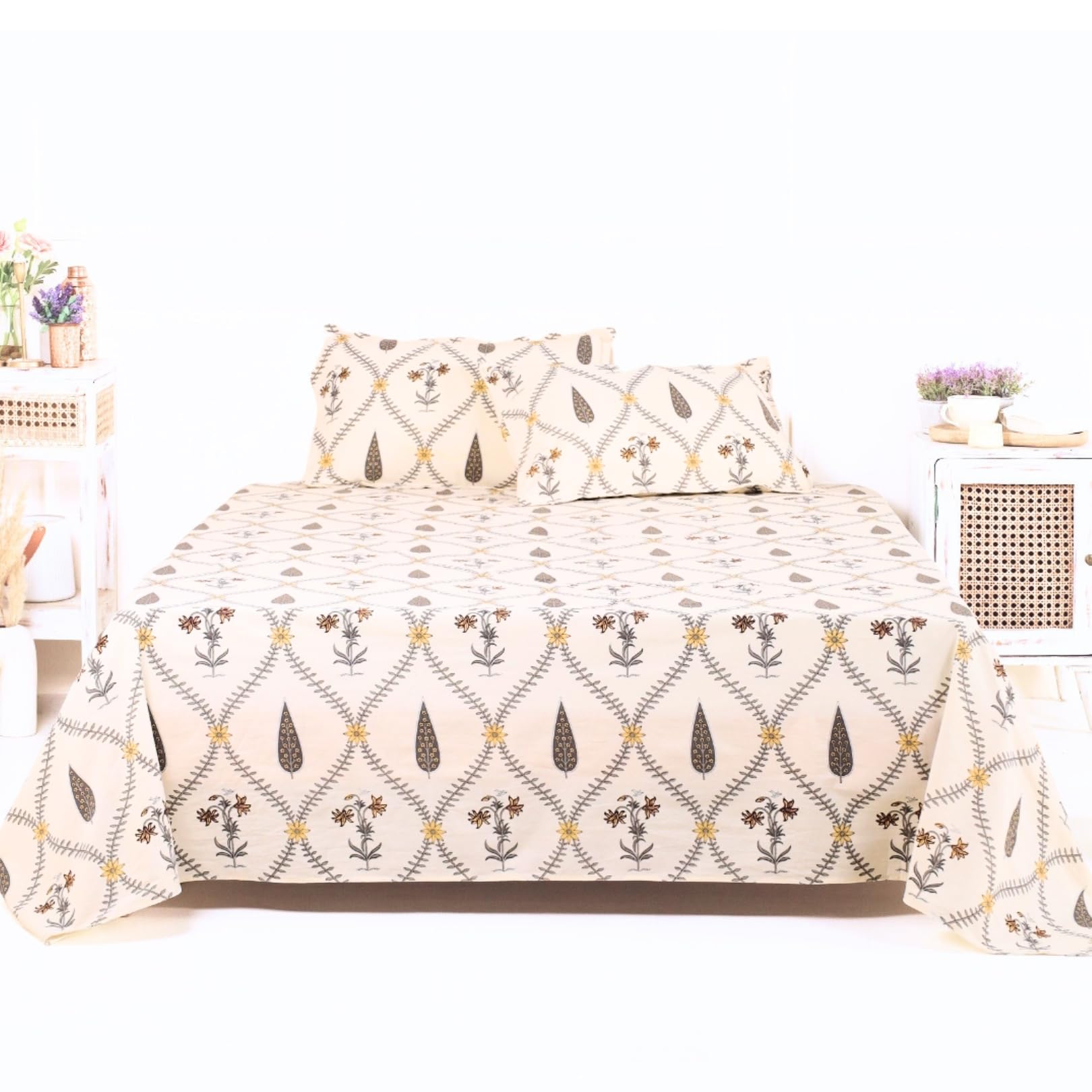 Parure de lit double coton jaune cyprès avec motif géométrique king size