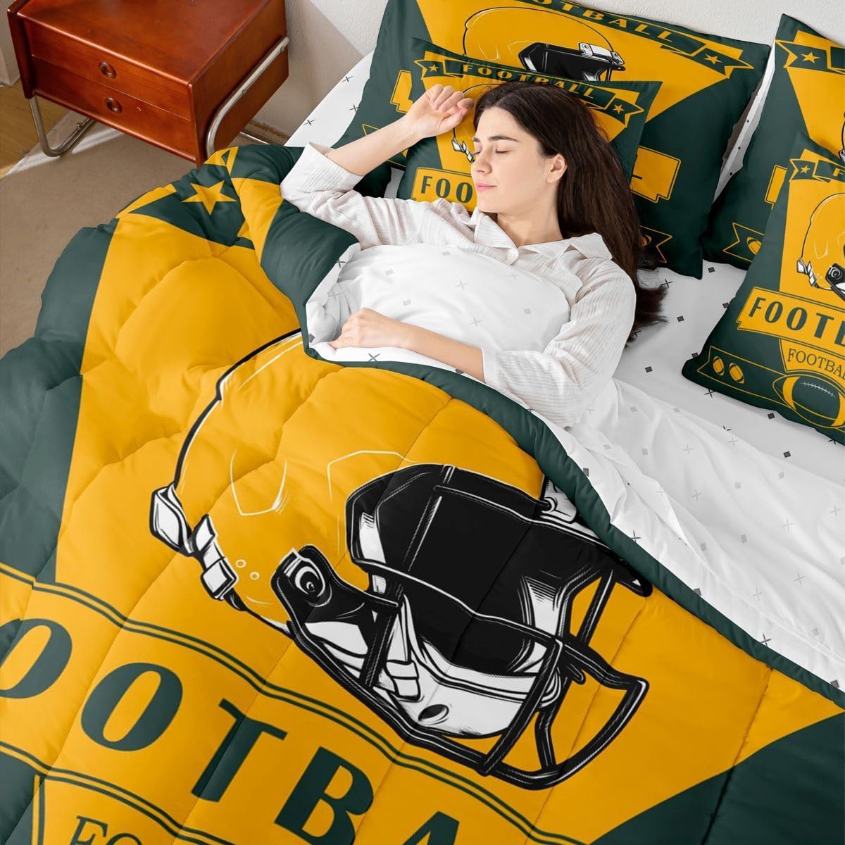 Loussiesd Calcio Piumino Letto Con Lenzuola 7 Pezzi 264X229cm(7-piece Set),green Bay Letto Trapuntato,american Football City Regali Per I Tifosi Di Calcio