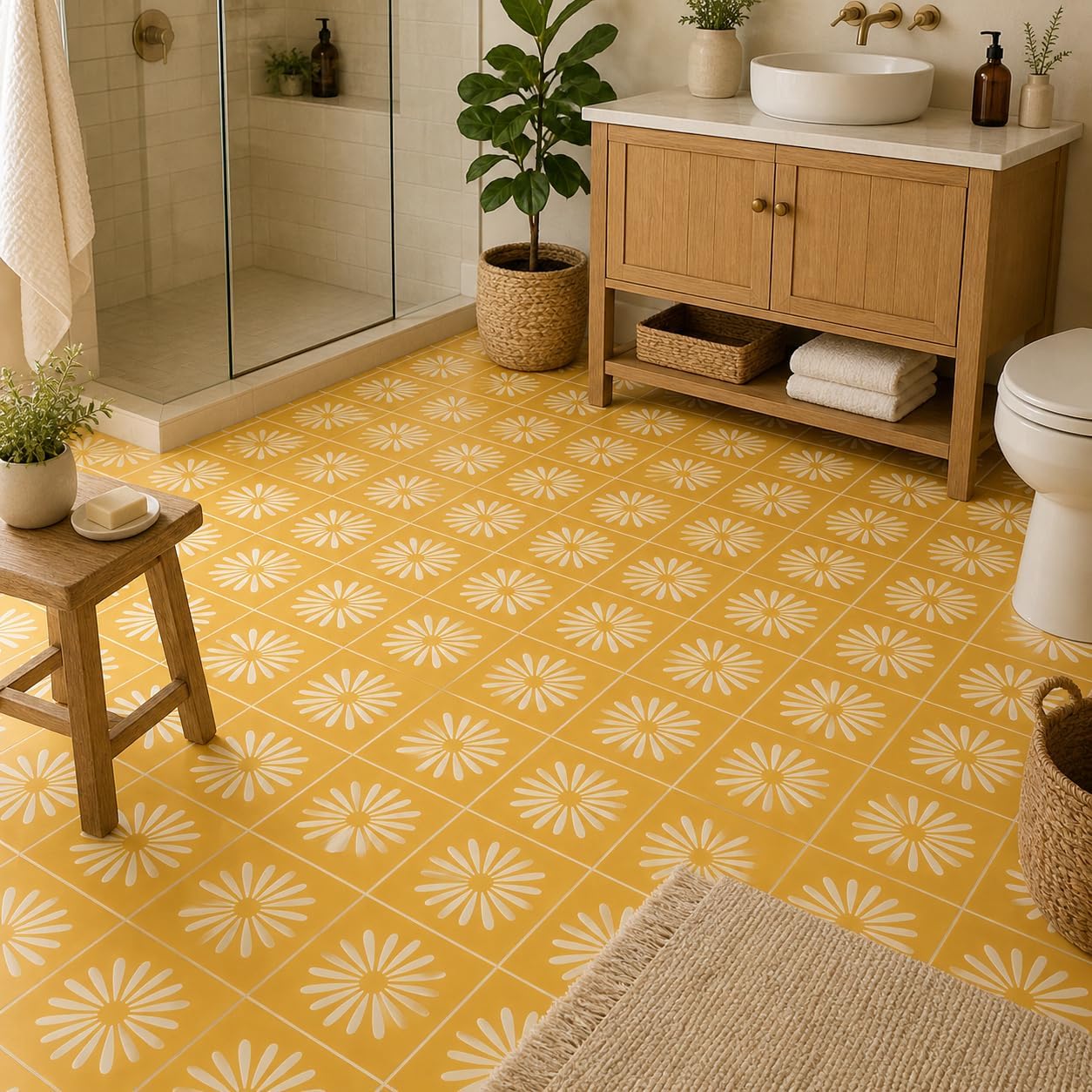 Pithora Ochre Bleucoin Peel and Stick Floor Tiles Anti-Slip Vinyl Decals for Home, Kitchen, Bathroom Water Resistant DIY Renter-Friendly Flooring Solution(11.75" x 11.75" (12 pcs))