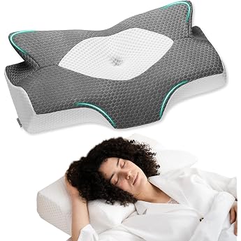 Elviros Memory Foam Neck Pillow Ergonomic Pillow Neck Pain for Back Sides and Stomach Sleepers Washable Cool Cushion Cover 64 x 11.5/13 x 40 cm