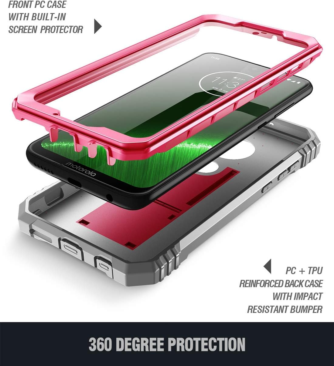 Moto G7 / G7 Plus Rugged Case with Kickstand, Poetic Full-Body Dual-Layer Shockproof Protective Cover, Built-in-Screen Protector, Revolution Series, DO NOT FIT Moto G7 Power Or Moto G7 Play, Pink