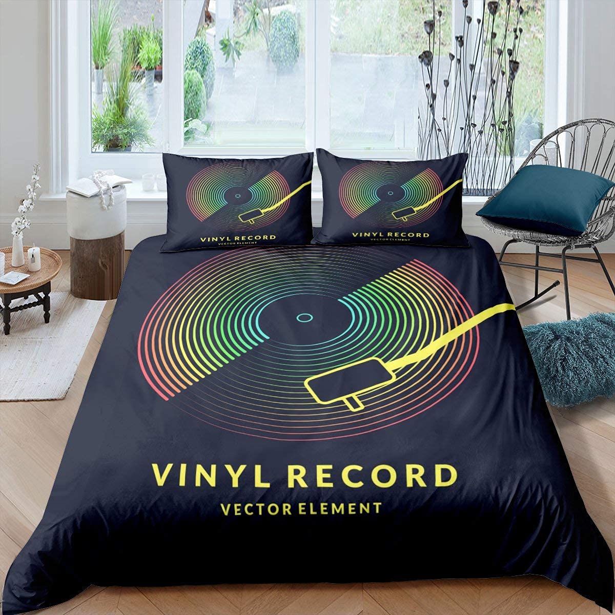 Homewish Rock Music Bettbezug, Vinyl Record Deckbett, Hip Hop Hippie Grunge Stil Bettbezug, Regenbogen irisierende Bettwäsche Set (kein Tröster) Wohnheim Dekorative 3 Stücke Doppel Größe, Multi 34