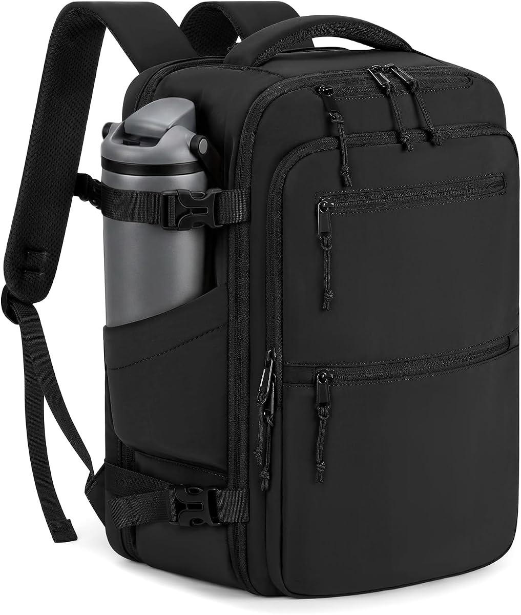 30L Travel Backpack for Women & Men: Carry On Luggage Flight Approved, TSA Laptop Backpack with Water Bottle Pocket, Personal Item Bag Fits 15.6" Laptop for Weekender Business - Black