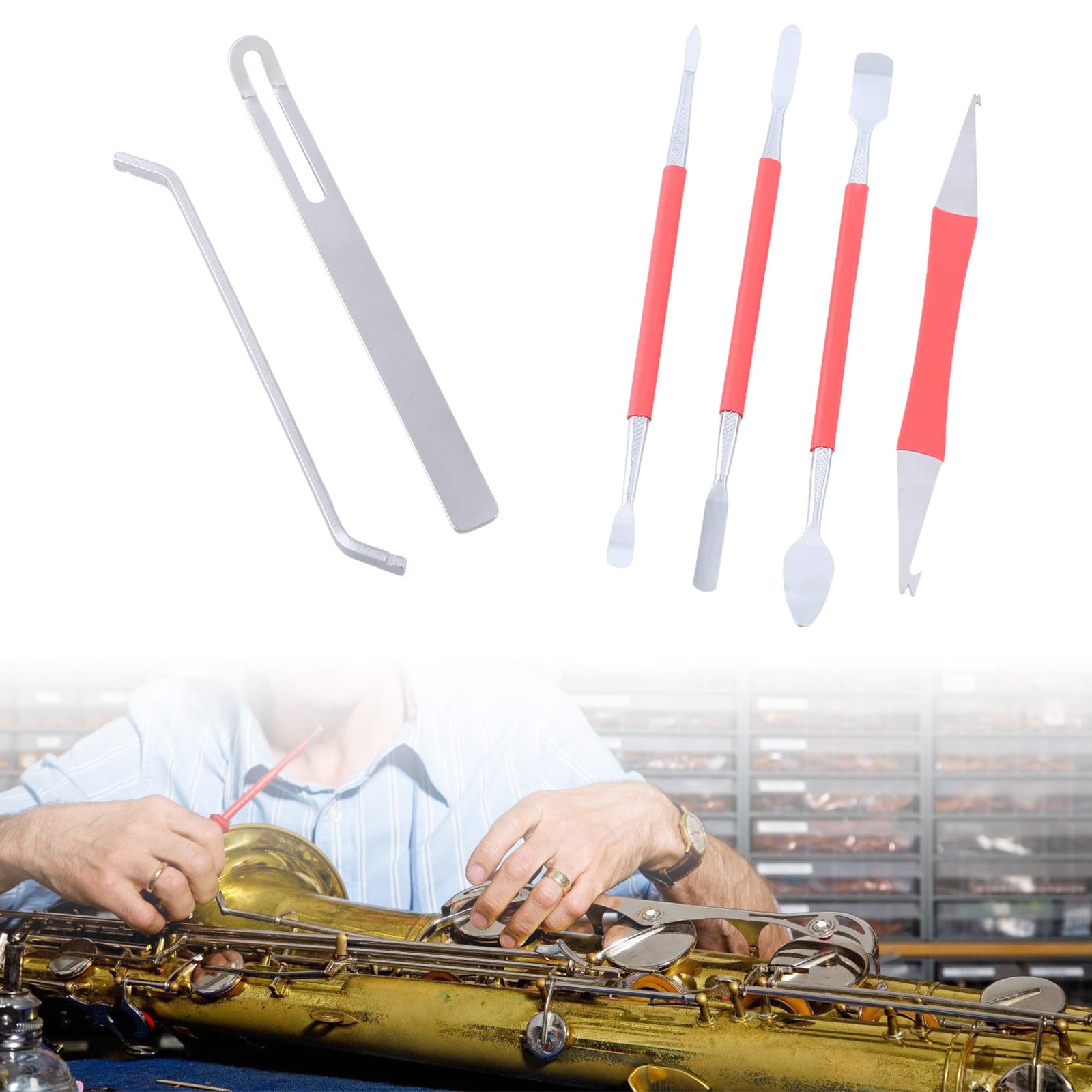 Holzblasinstrument Reparaturwerkzeug-Set for Holzblasinstrumente mit Federhaken, Tonpolster, Tastenabdeckungen, Schutzpinzette for Saxophon, Klarinette, Oboe, Flöte