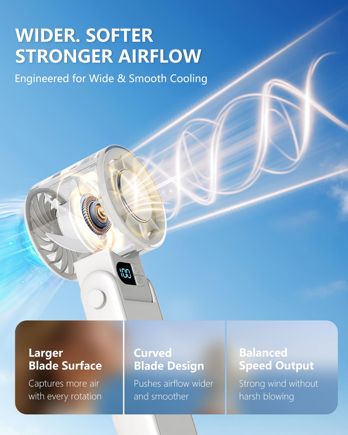 Ventilatore portatile portatile con piastra di raffreddamento, controllo continuo a 199 velocità, ventilatore pieghevole 3 in 1 per palmare/desktop/collo, potente ventilatore personale per viaggi