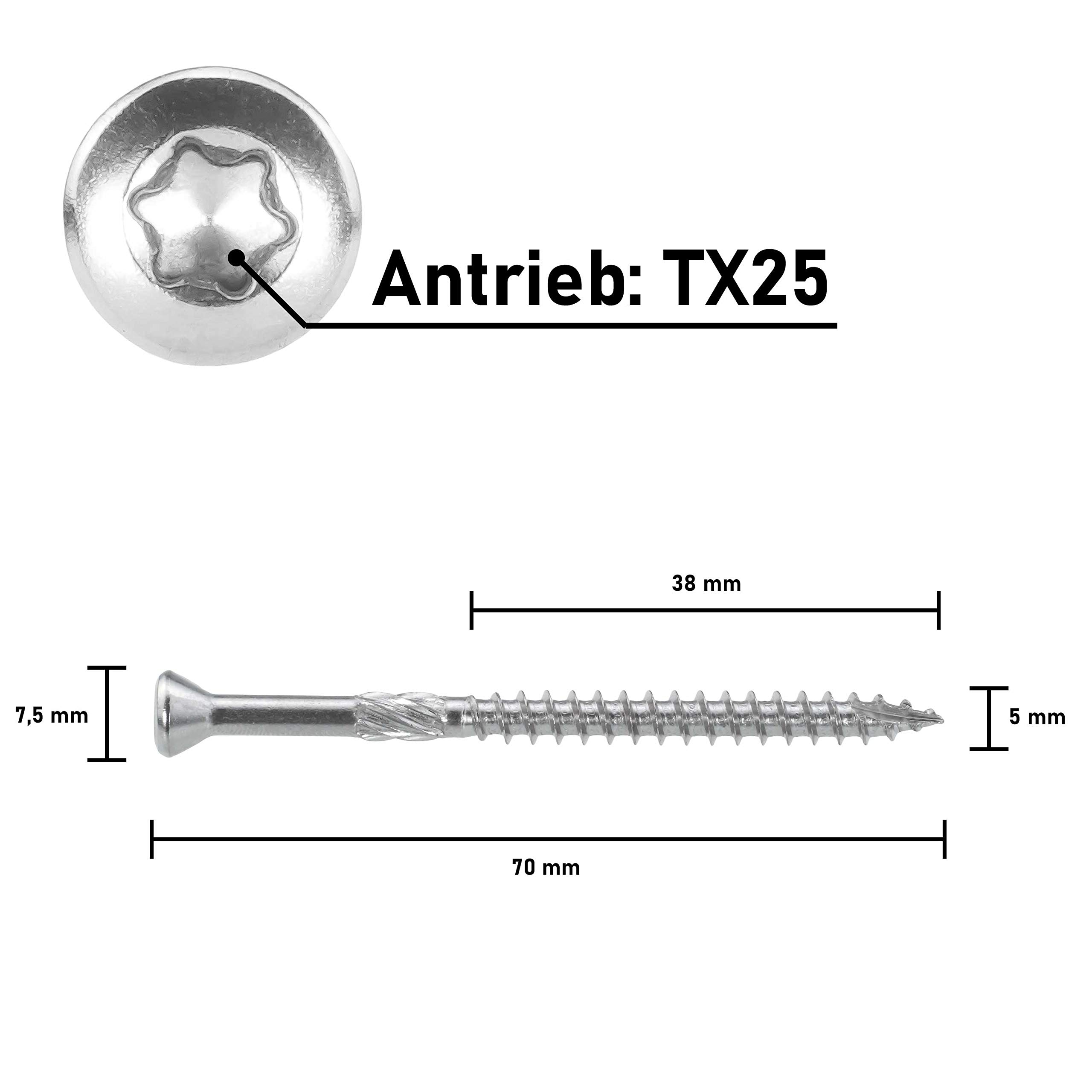 SCREW REBEL Viti per terrazze, 5 x 70 mm, 500 pezzi, in acciaio inox temprato, martensitico, con omologazione ETA