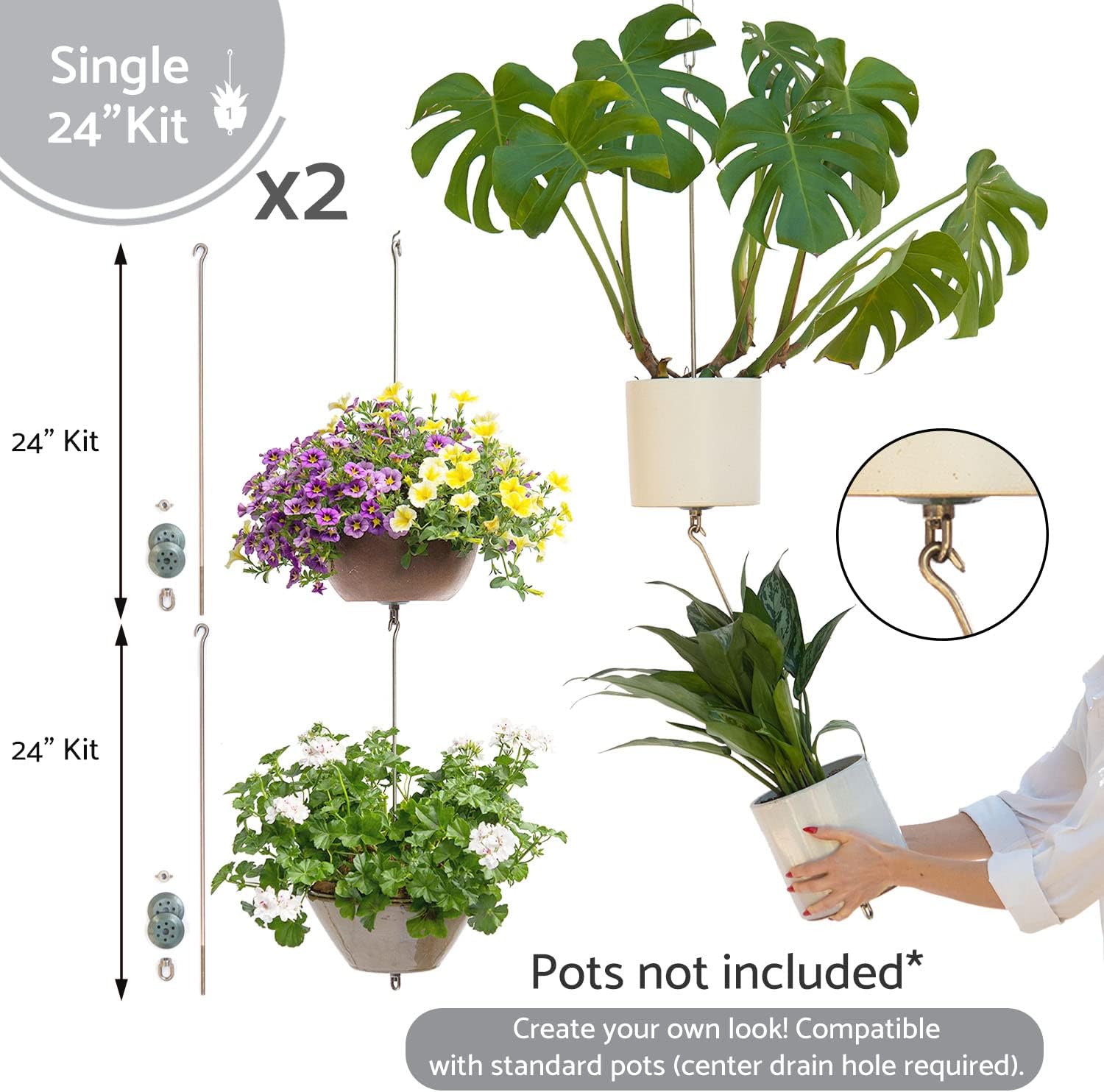 24-inch Pot Hangers (2 Kits) + Grow Chains (1 Set) - Hang and Connect Large Clay Pots w/Drainage for Healthy Plants, Hanging Planter Vertical Garden, Indoor/Outdoor, Stainless Steel