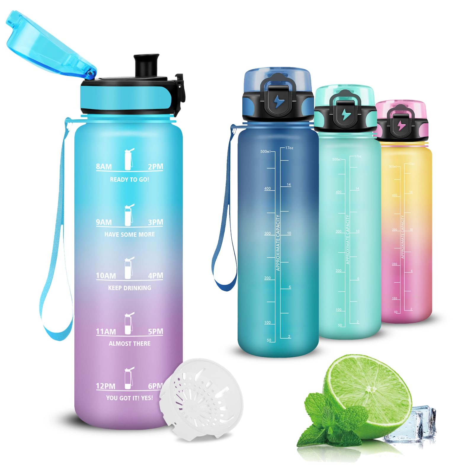 Mujigaga Children's Water Bottle, 500 ml, Leak-Proof Water Bottle with Filter, Water Bottle with Time Marking, Easy to Clean, for School, Swimming, Office, Camping, Running โ image 1