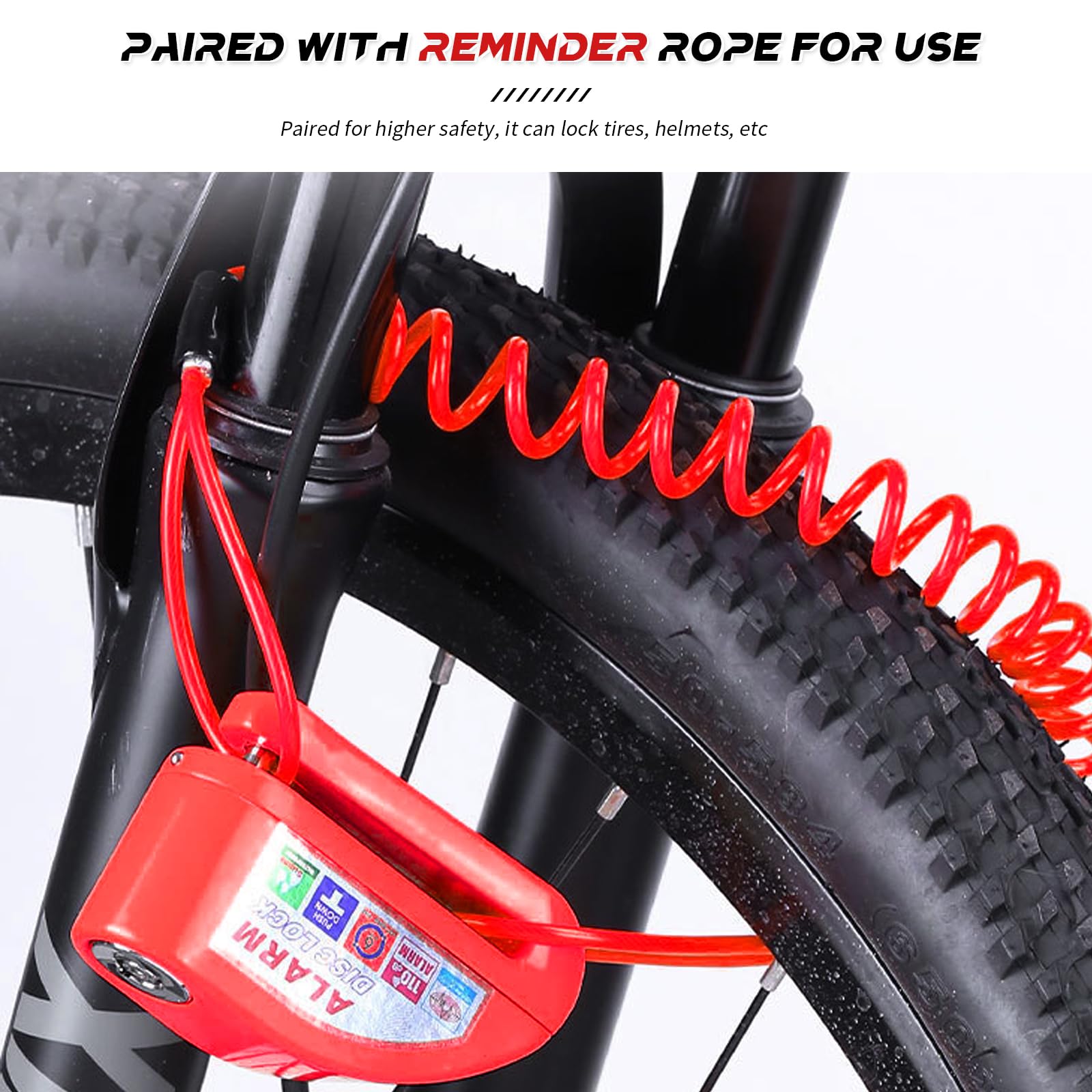 Motorcycle Alarm Disc Brake Lock - 110dB Anti-Theft Heavy Duty Disc Lock with 5ft Reminder Cable, Waterproof Motorbike Wheel Lock for Scooter, Moped, Vespa, E-Bike, Dirt Bike - Red — view 3