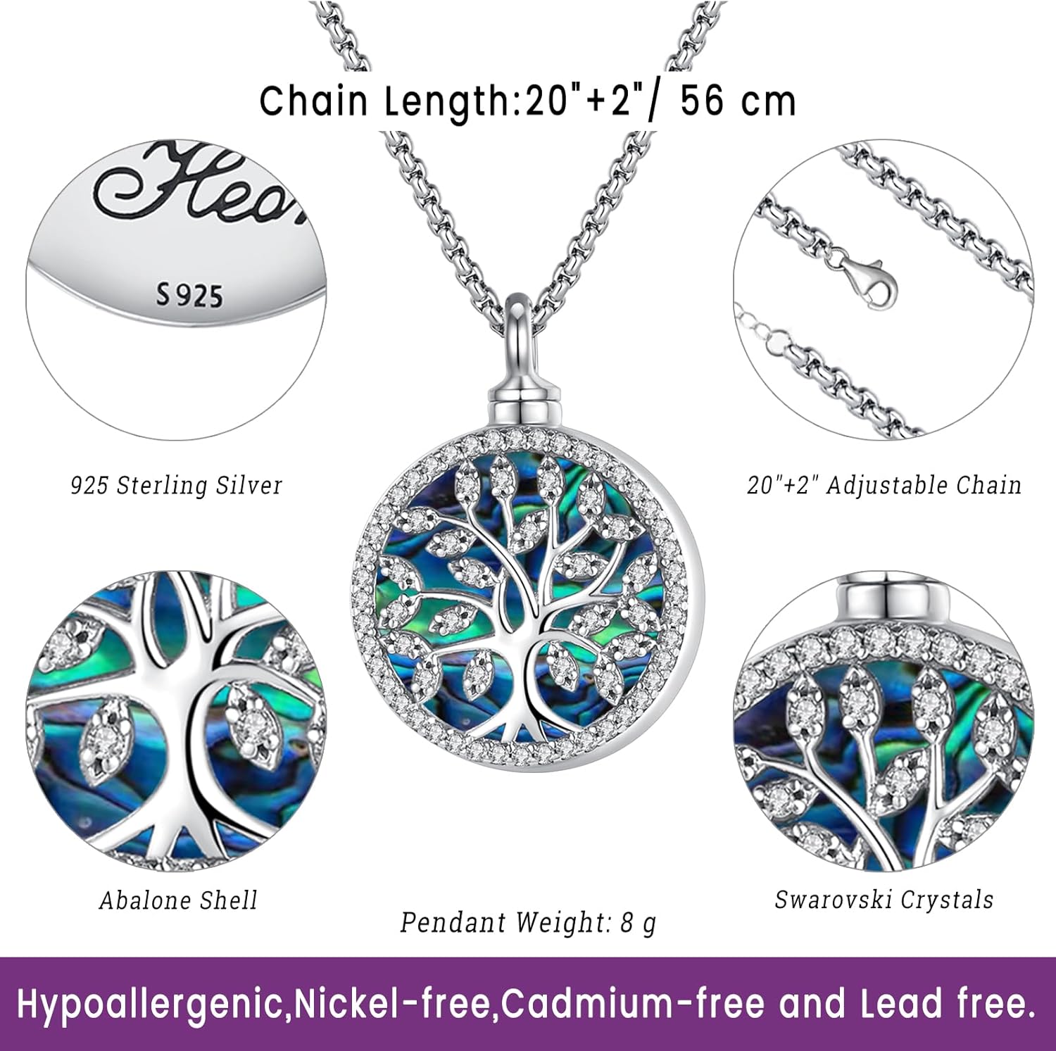 Eusense 925 Sterling Silver Abalone Pendant Necklace for Women Men - Urn Locket Cremation Jewelry That Holds Pictures
