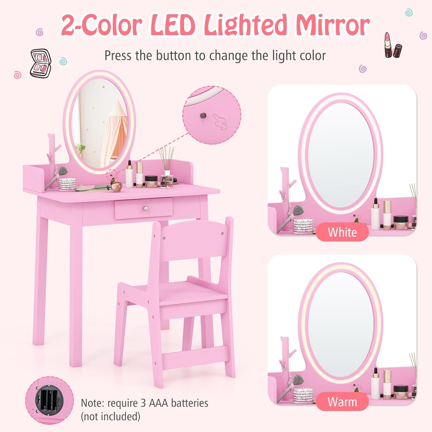 Olakids Kids Vanity Set with Lights, 2 in 1 Wooden Princess Makeup Table and Chair with Detachable Mirror, Jewelry Rack, Drawer, Toddler Pretend Beauty Dressing Play Toy Gift for Girls (Pink)