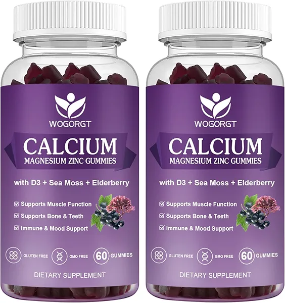 Calcium Magnesium Zinc Gummies with Vitamin D3 - High Absorption Complex Calcium Supplement with Sea Moss, Elderberry for Bone, Muscles, Immune, Mood & Sleep Support, Vegan - 60 Gummies (2 Pack)
