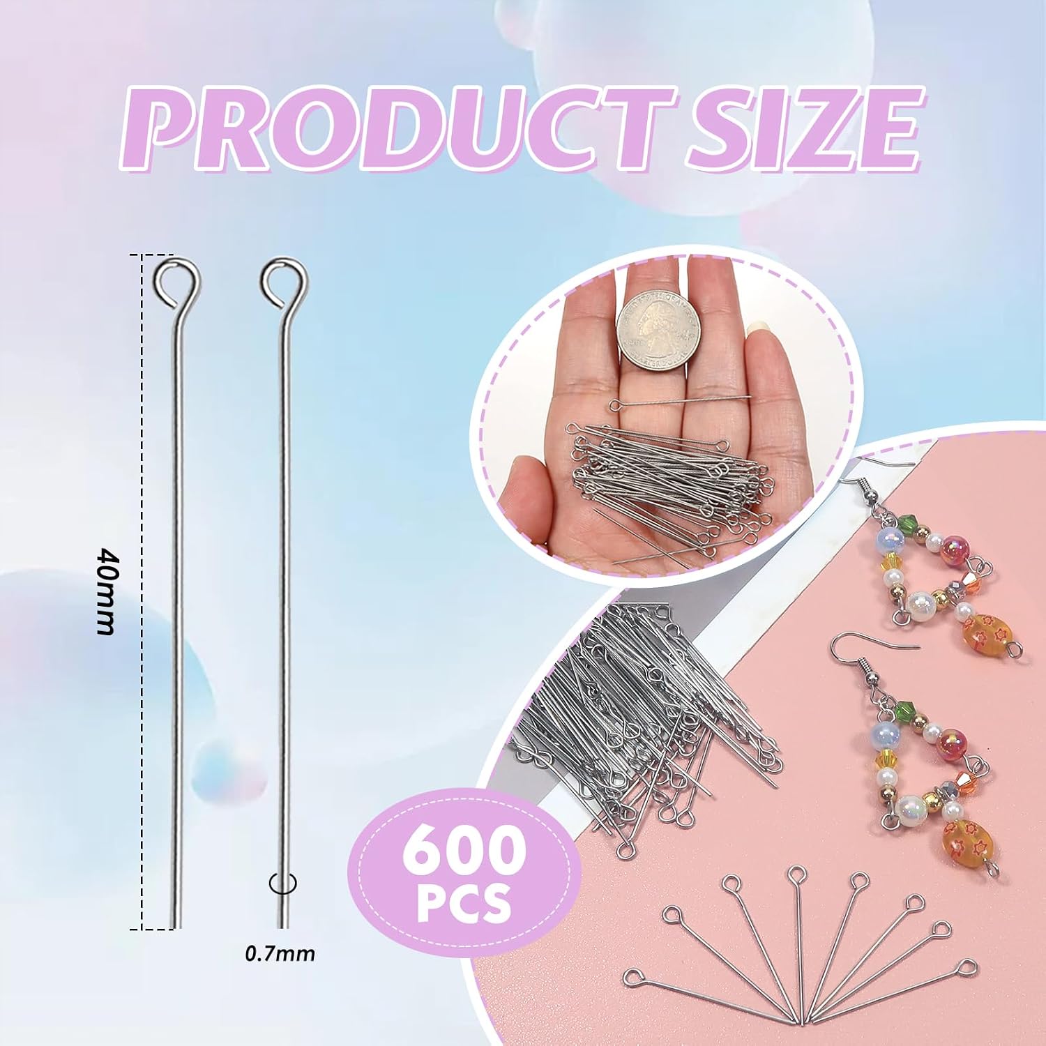 TOAOB 600pcs Stainless Steel Eye Pins 40mm Open Eye Pins Silver Head Pins Findings for DIY Earring Necklace Jewelry Making