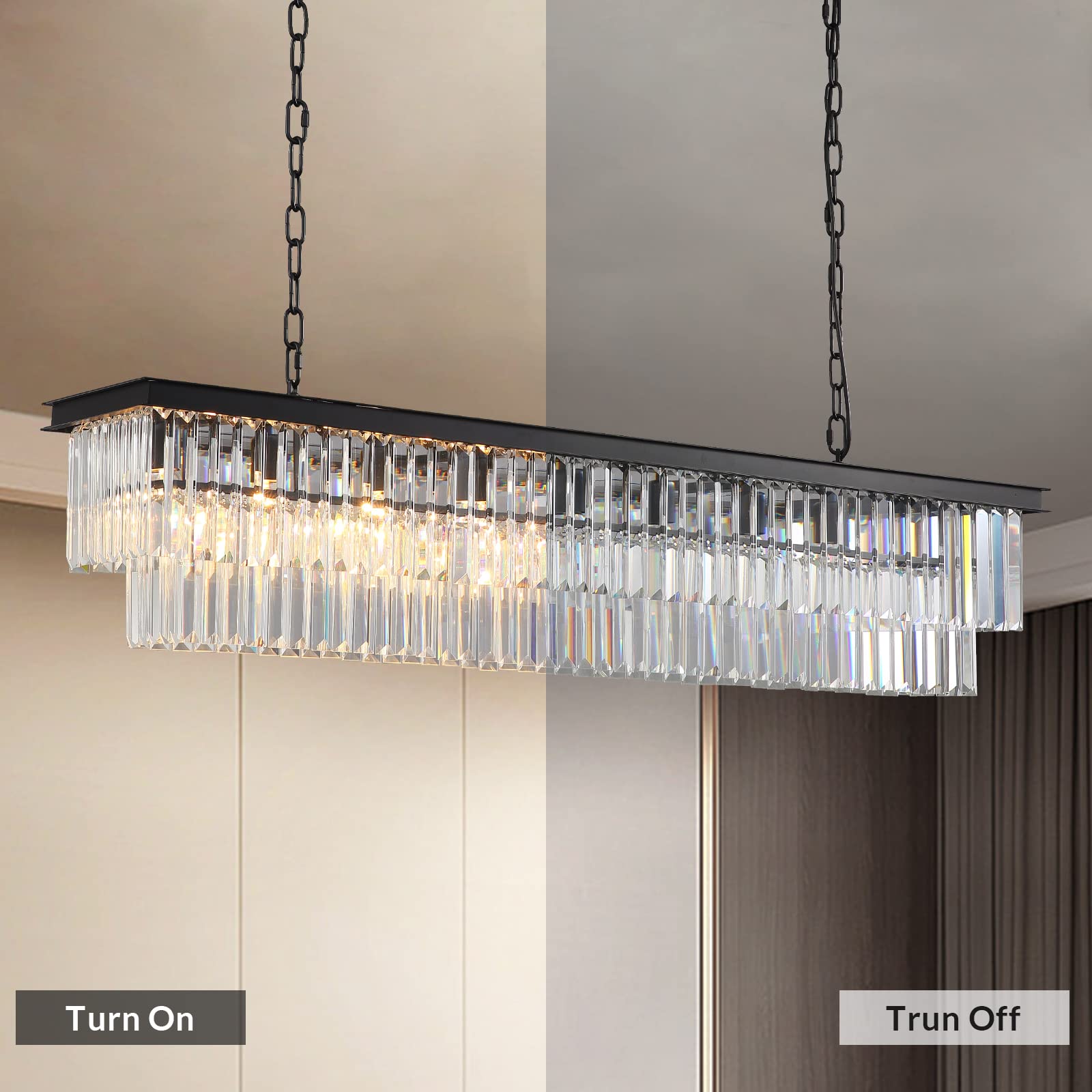 NOXARTE Rectangular Crystal Chandelier 8 Lights Modern Luxury Pendant Light Black Metal Frame with Adjustable Chain for Dining Room Kitchen Island Farmhouse D47''