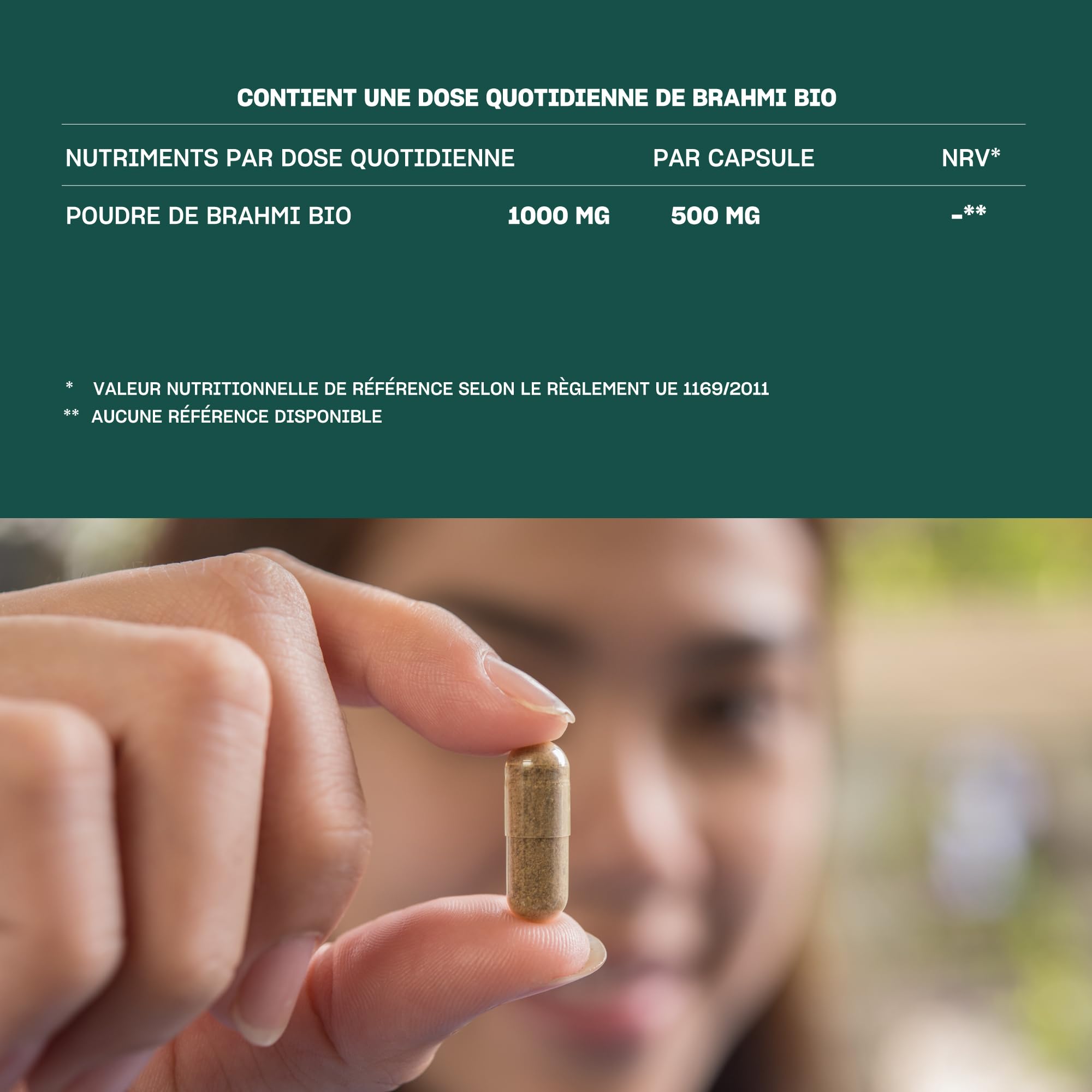 Nature Basics® Brahmi bio en bocal | 180 gélules végétaliennes - 3 mois d'approvisionnement | 1.000mg de poudre de brahmi bio par dose journalière | Neutre en CO