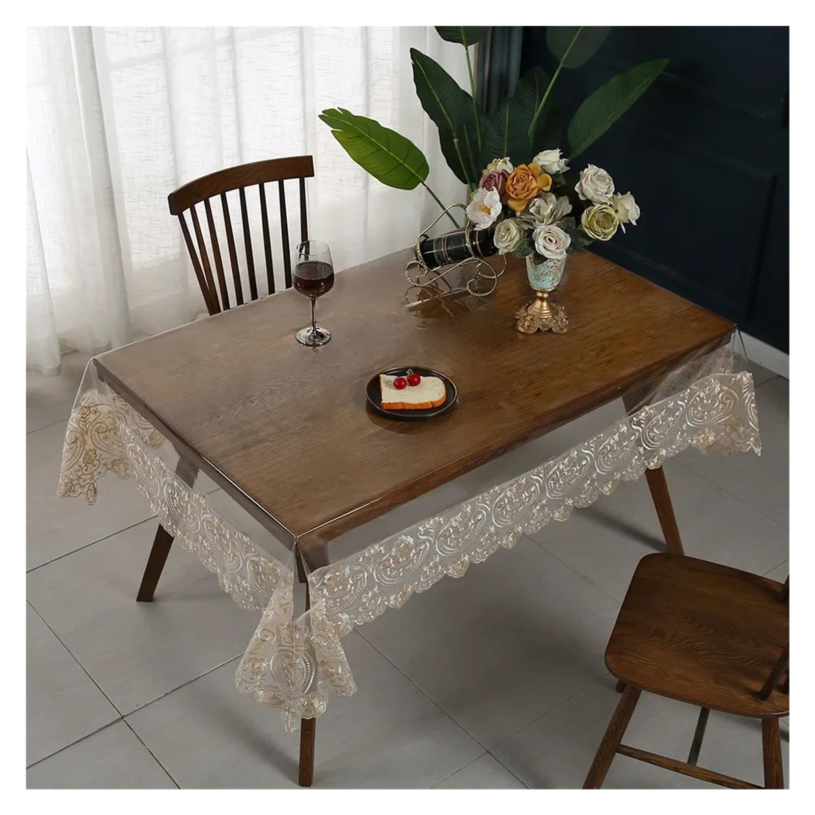 WEQYFDC Transparent Placemats PVC Tablecloth Embroidery Lace Transparency PVC Table Cloth Waterproof Oilproof Kitchen Dining Table Cover For Rectangular Table(Coffee color,85x85cm 1pcs)