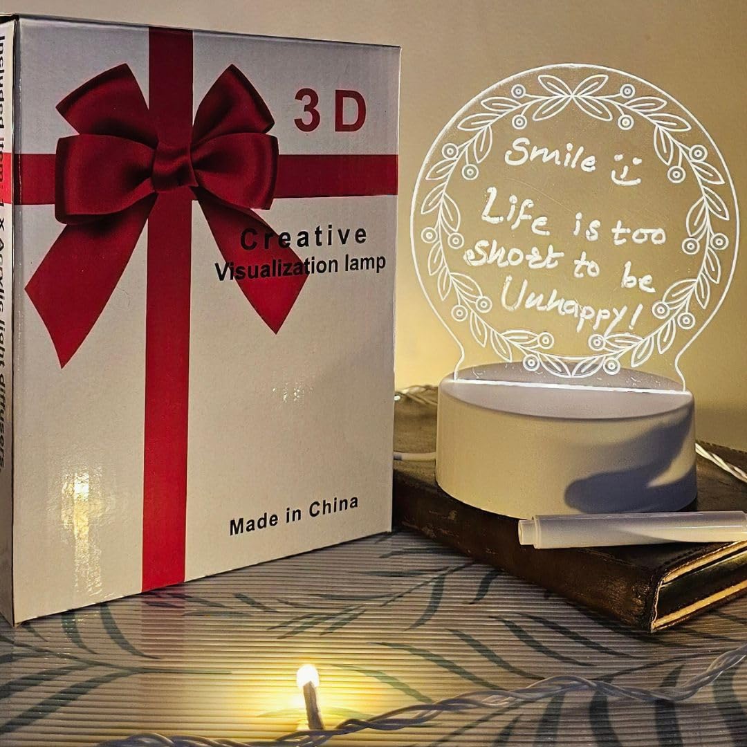 The Flair Store™ DIY 3D Acrylic Writing Board with Pen Creative Writing Message Board Rewritable LED Table Lamp for Study Office Home Decor Gift Visualization Lamp with Smart USB (Round)