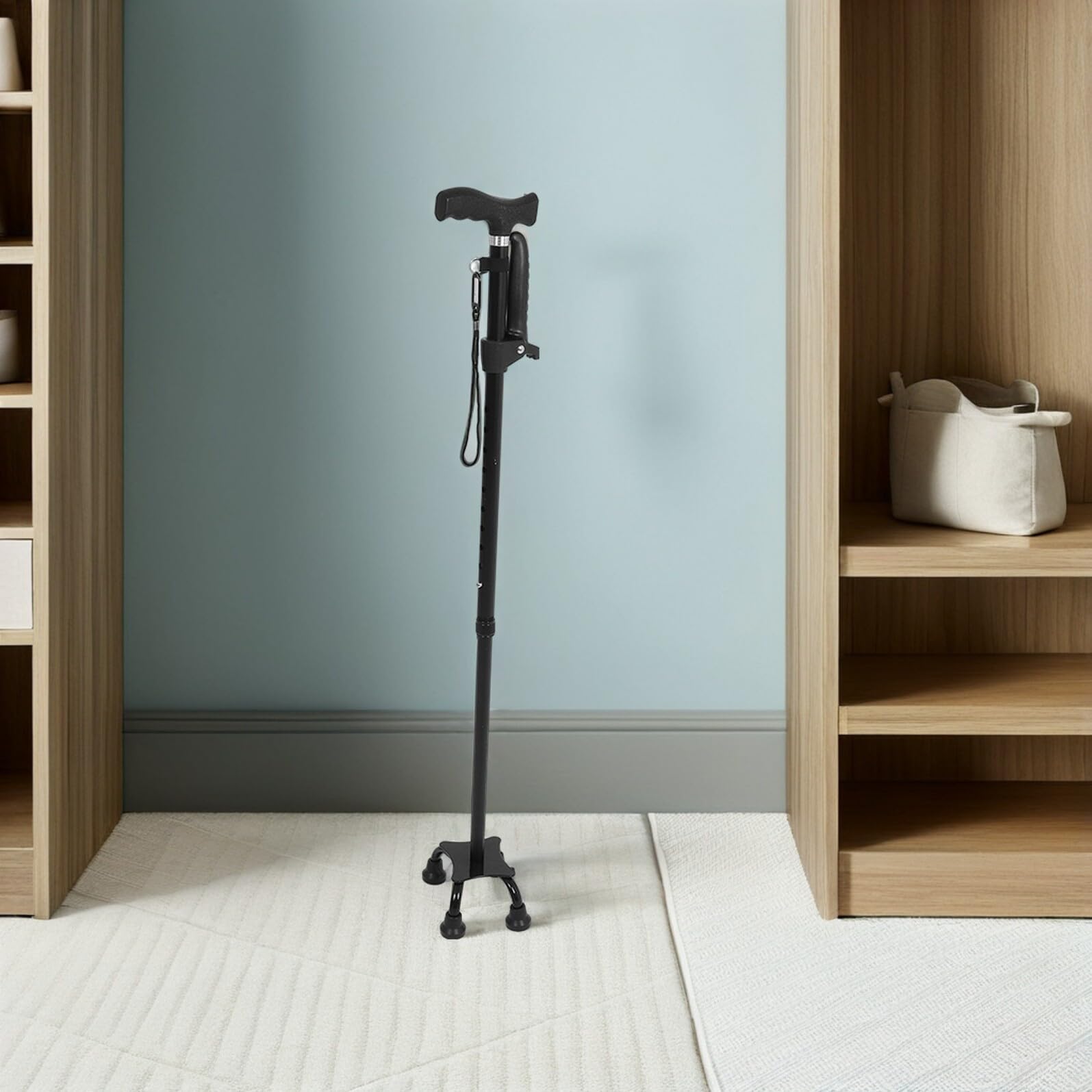 Bastón Plegable de Aleación de Aluminio Ajustable Negro, Portátil | 1 Set, Diseño Ligero y Collapsible, Estilo de Cuatro Patas con Punta Única, Uso en Travel y Terrenos Diversos