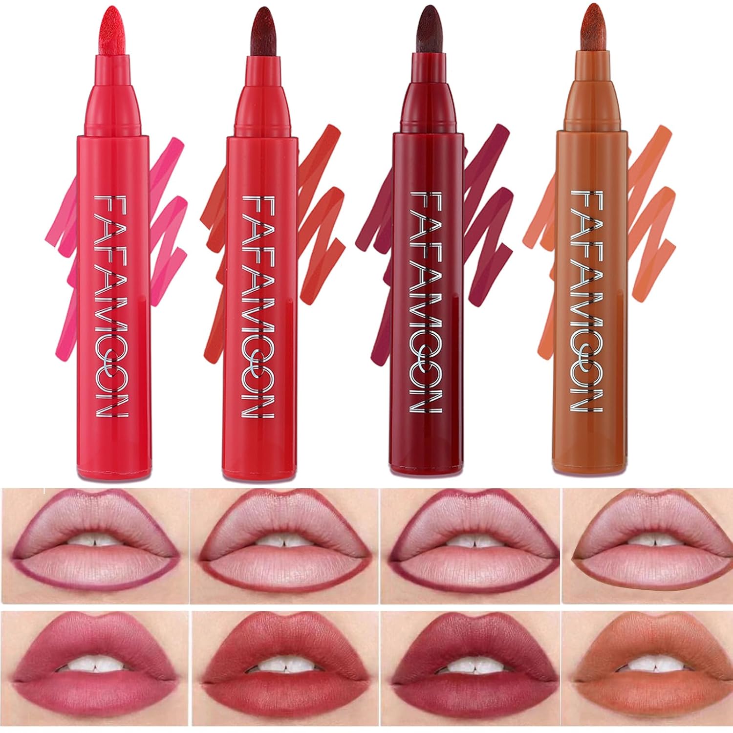 4Pcs Lip Stain Tip Marker Set, Hydrating and Waterproof Lip Liner Stain, Matte Color Look, Longlasting All Day Wear Lip Color, Smudge Proof Natural Finish, Precise Chisel Tip Marker