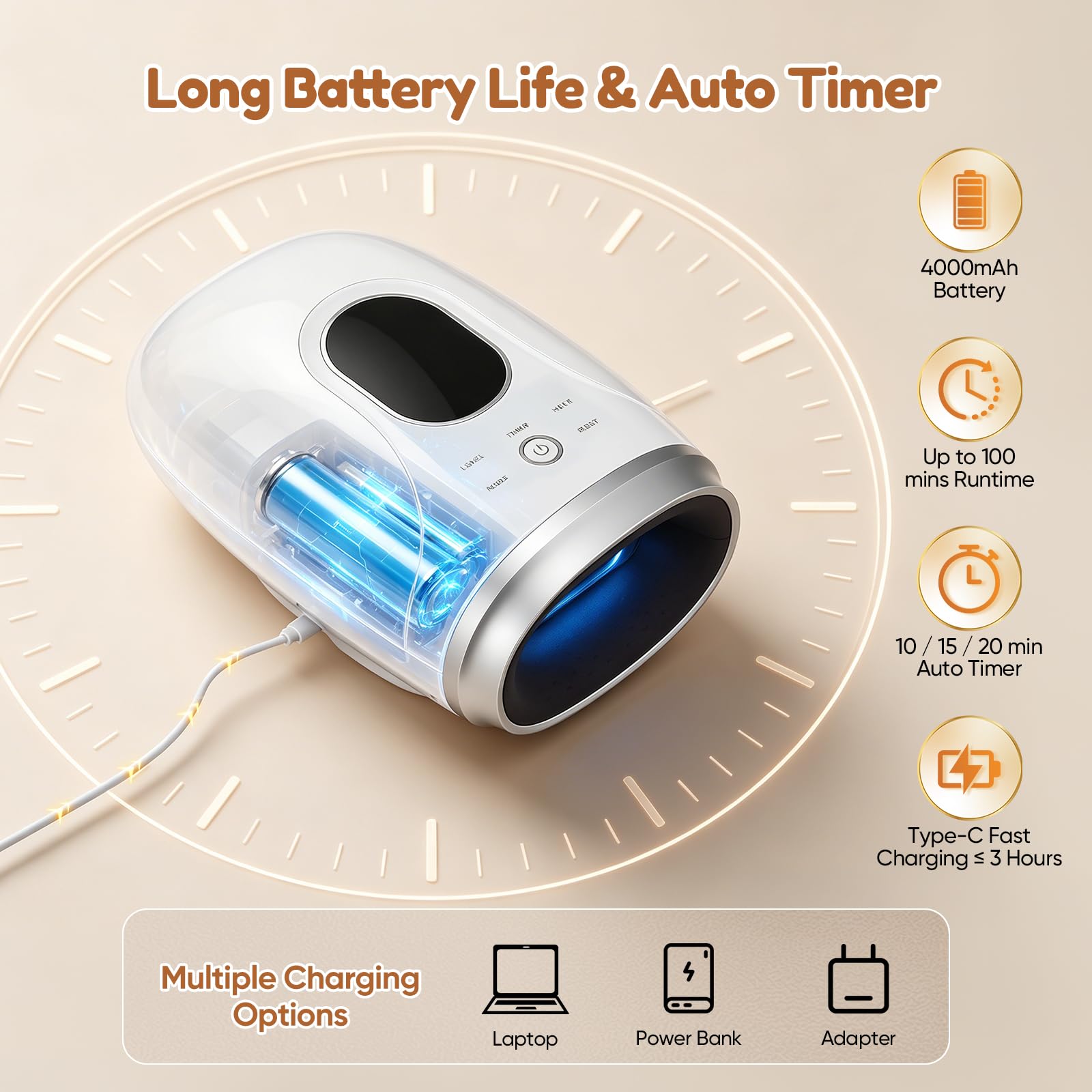 Handmassagegerät mit Wärme & Luftdruck, Elektrisches Handmassagegerät für Arthritis & Karpaltunnelsyndrom, Graphen-Heizung, 6 Modi, 4000mAh Akku, Leiser Massageapparat für Büro, Gaming und Senioren