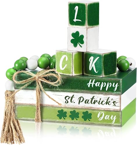 Juego de 8 bandejas escalonadas del día de San Patricio, decoración rústica de madera falsa para libros de madera falsa, trébol de la suerte