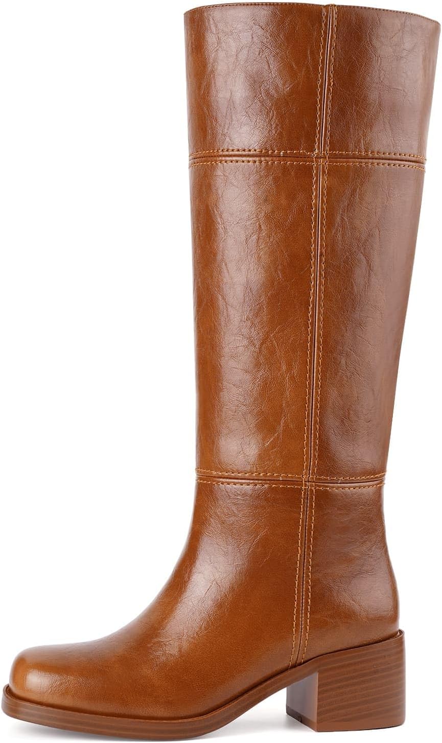 DREAMSTORY Knee High Boots for Women Square Toe Chunky Block Heel Tall Boots Comfortable Low Heel Pull On Mid-Calf Boot