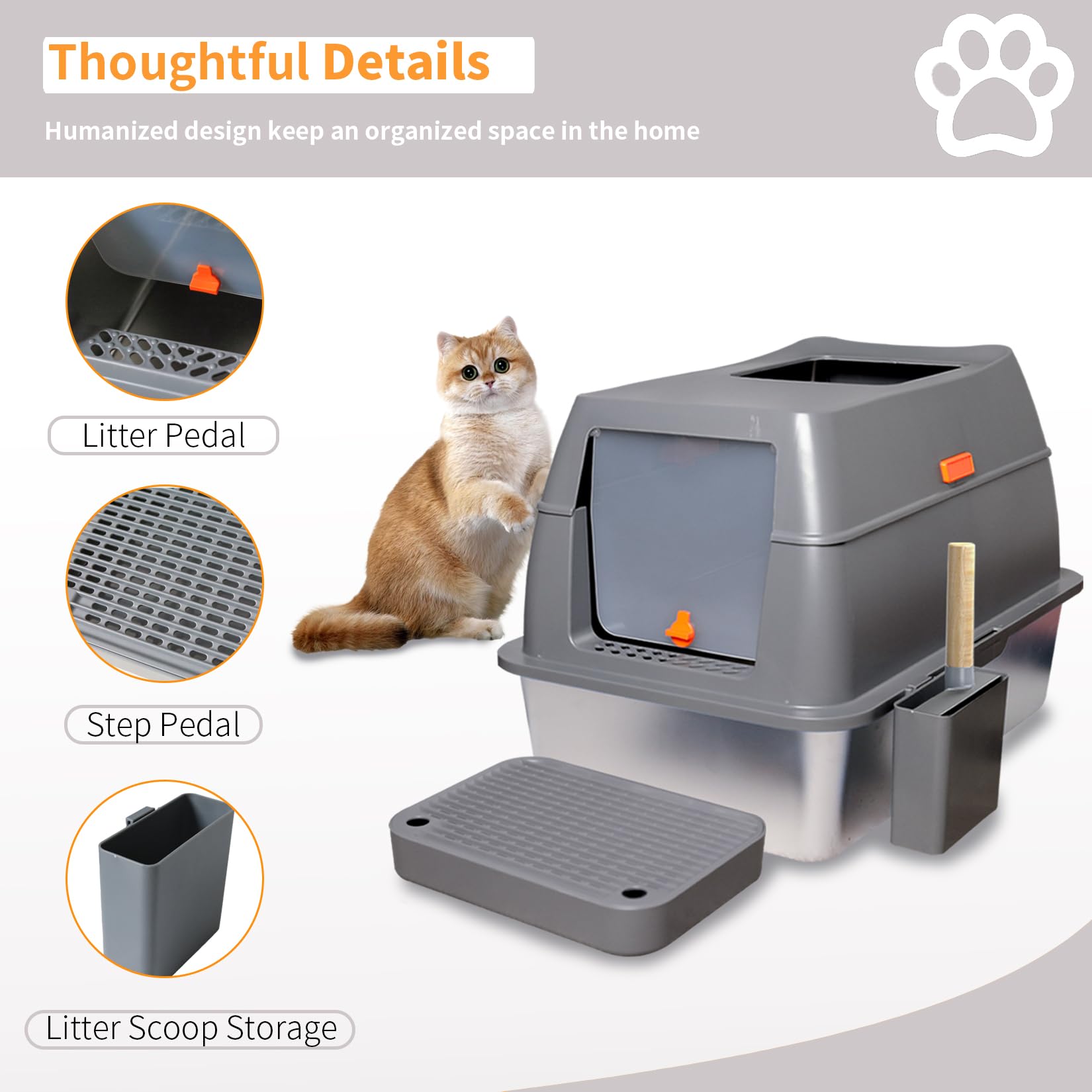 BingoPaw Katzenklo mit Deckel Edelstahl: Geschlossene Katzenklo Edelstahl XXL, Extra große Katzentoilette mit Doppelfilterstufen und Schaufel, hoher Rand, klebend und auslaufsicher, Grau