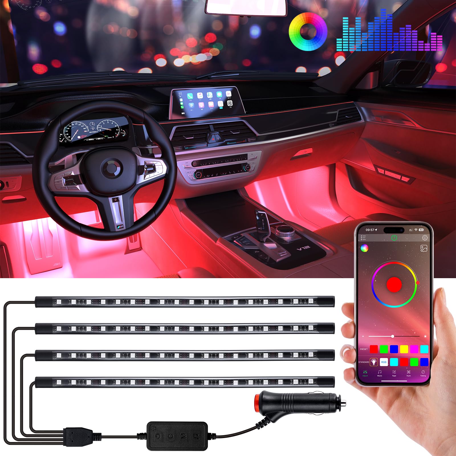 Tiras de luz LED RGB Bluetooth para coche con control por App de 4 paneles 8
