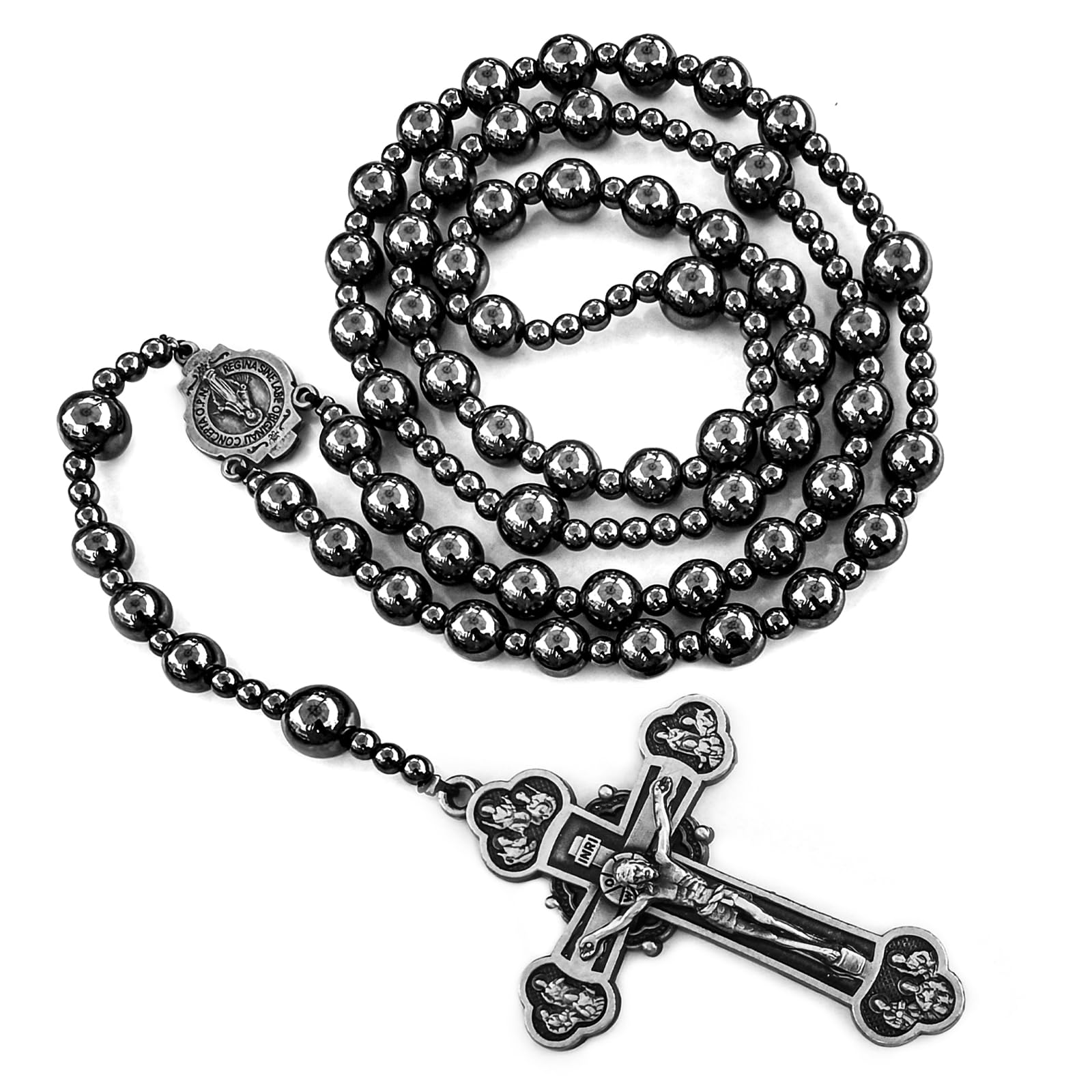 Large Heavy Hematite rosary beads catholic for men | Rosary Necklace with Virgin Mary medal,Handmade,rosarios catolicos Cross Necklace Catholic Gifts
