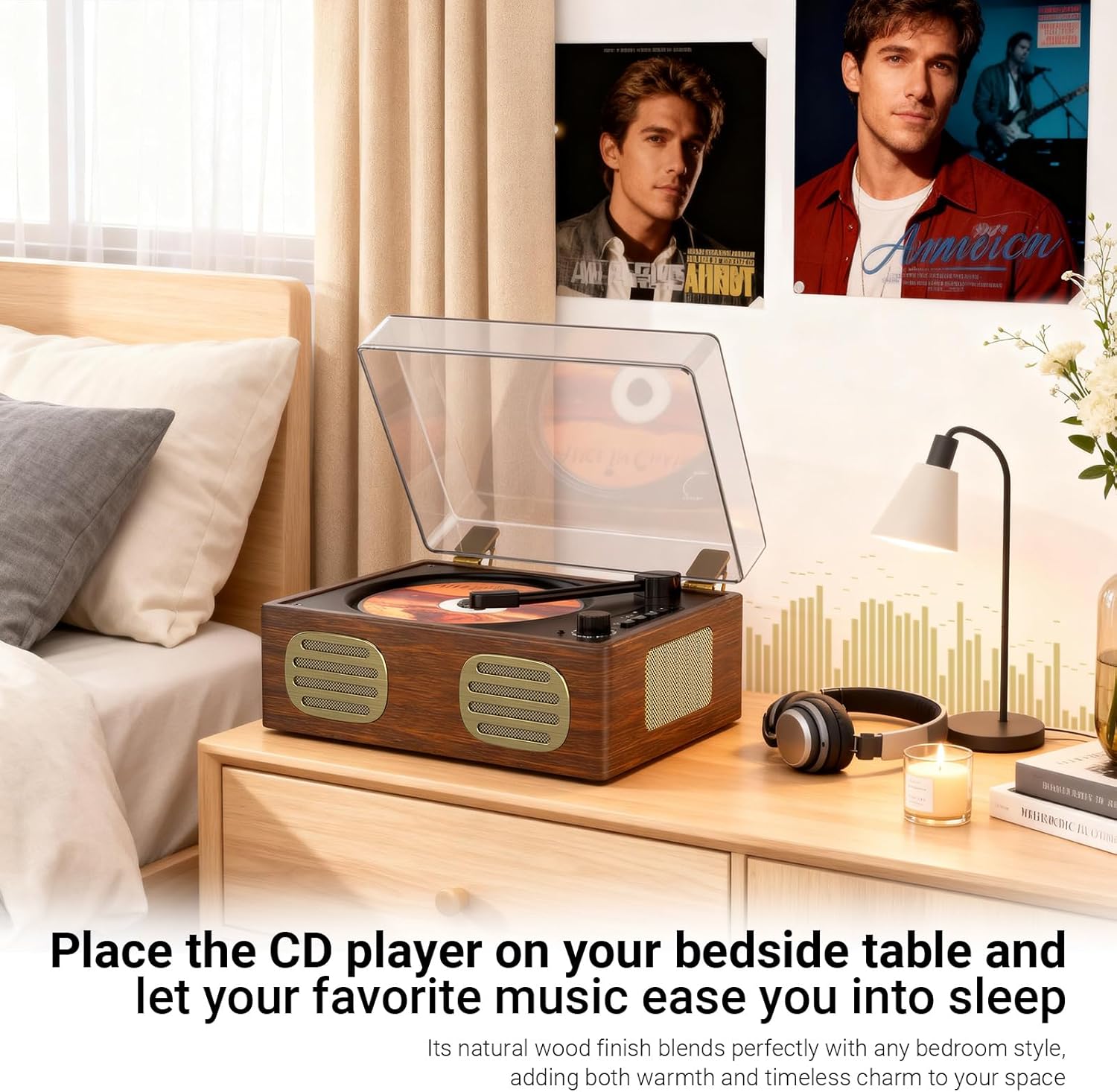 Retro Bluetooth CD Player with Speakers, Portable Desktop Music Player with Headphone Jack, USB/AUX, Rechargeable, Vintage Wood Design Gift for Women Bedroom Decor, No Remote Control (Walnut)
