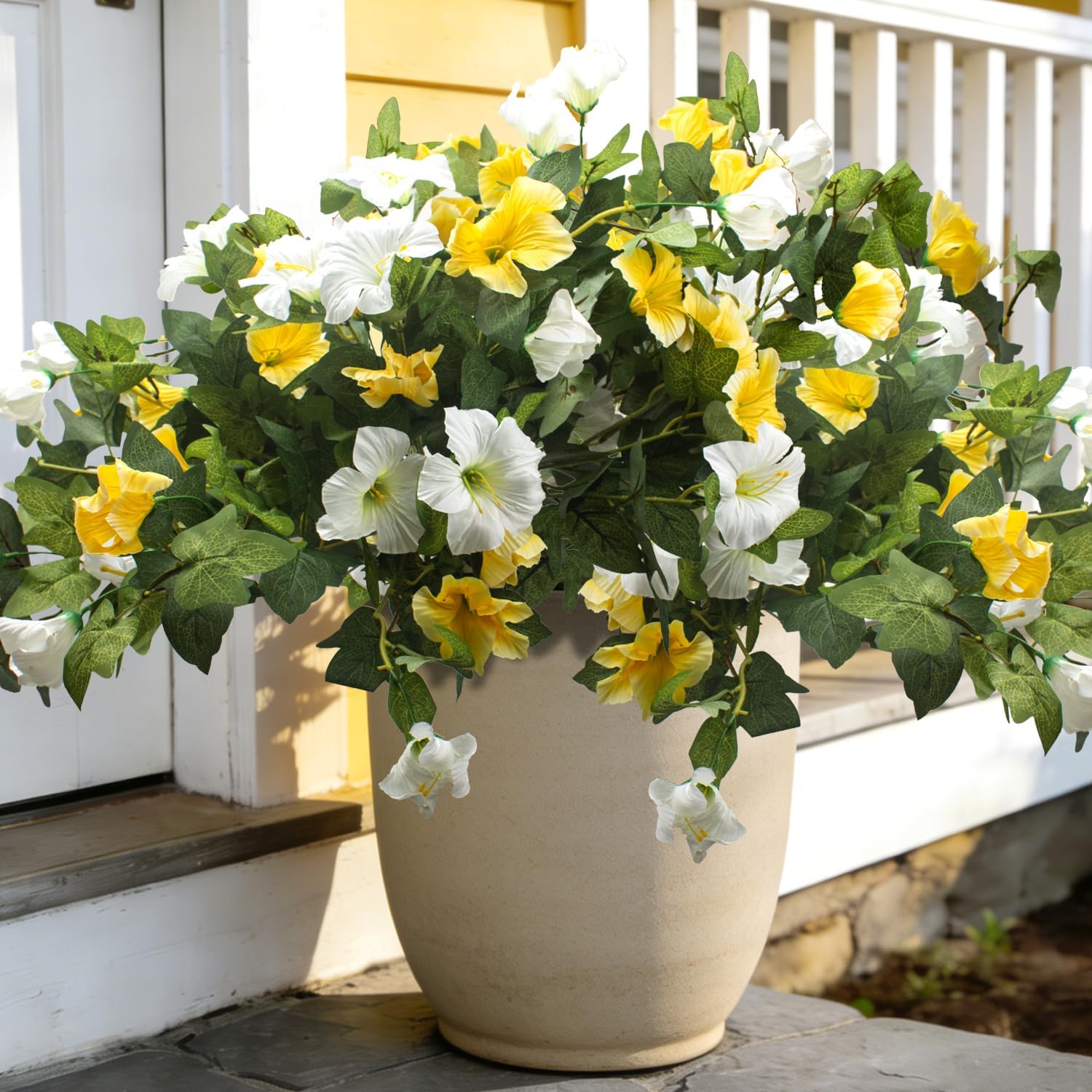 Grunyia Artificial Faux Petunias Silk Flowers for Outdoor Decoration, UV Resistant No Fade, Purple and White, 2 Pack, for Home Garden Balcony Yard Porch Indoor Decor (White+Yellow)