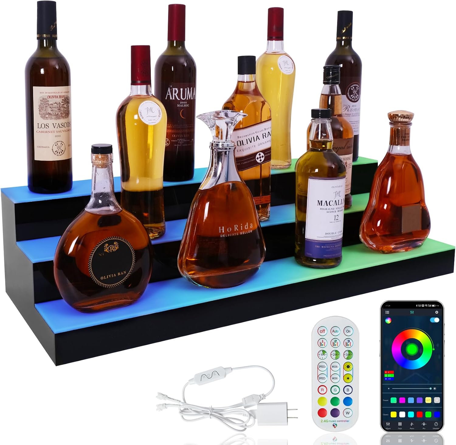 ClarityCraze LED Lighted Liquor Bottle Display Shelf, 3 Tiers 30 Inch Acrylic Bar Bottle Display Shelf with RF Remote & App Control for Home Bar Party Whiskey Wine Coffee Syrup Water Bottles Display