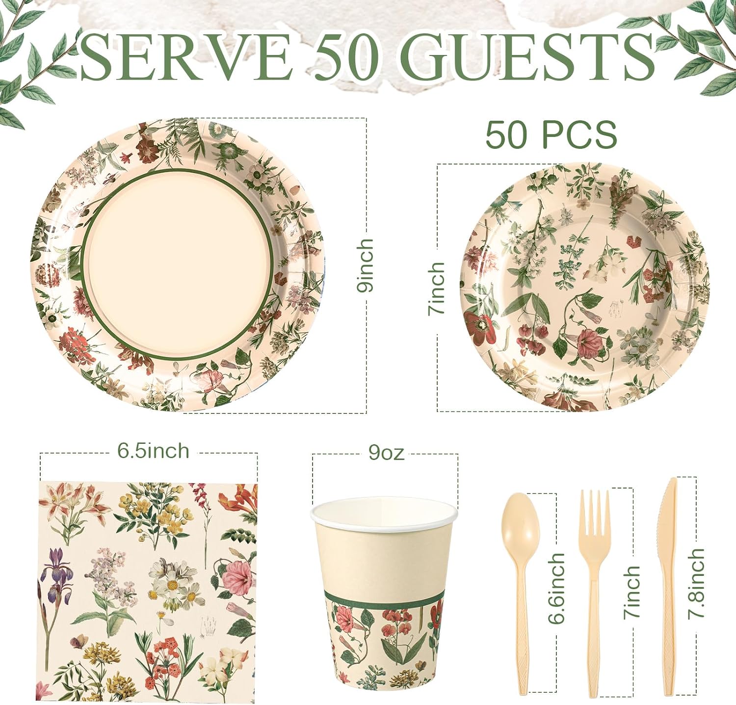 Roshtia Floral Party Supplies Set for 50 Guests - Watercolor Flowers Paper Plates & Napkins, Disposable Dinnerware for Women & Girls Birthday, Vintage Tea Party & Baby Shower Tableware