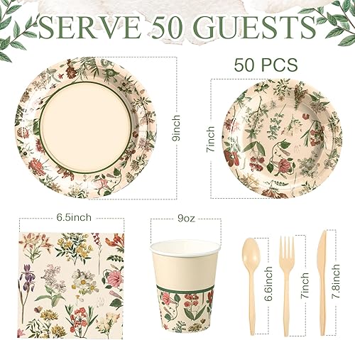Miniatura 8 de 175 piezas de suministros florales para fiestas, platos de papel de flores, servilletas, vajillas desechables para fiestas para 25 invitados,
