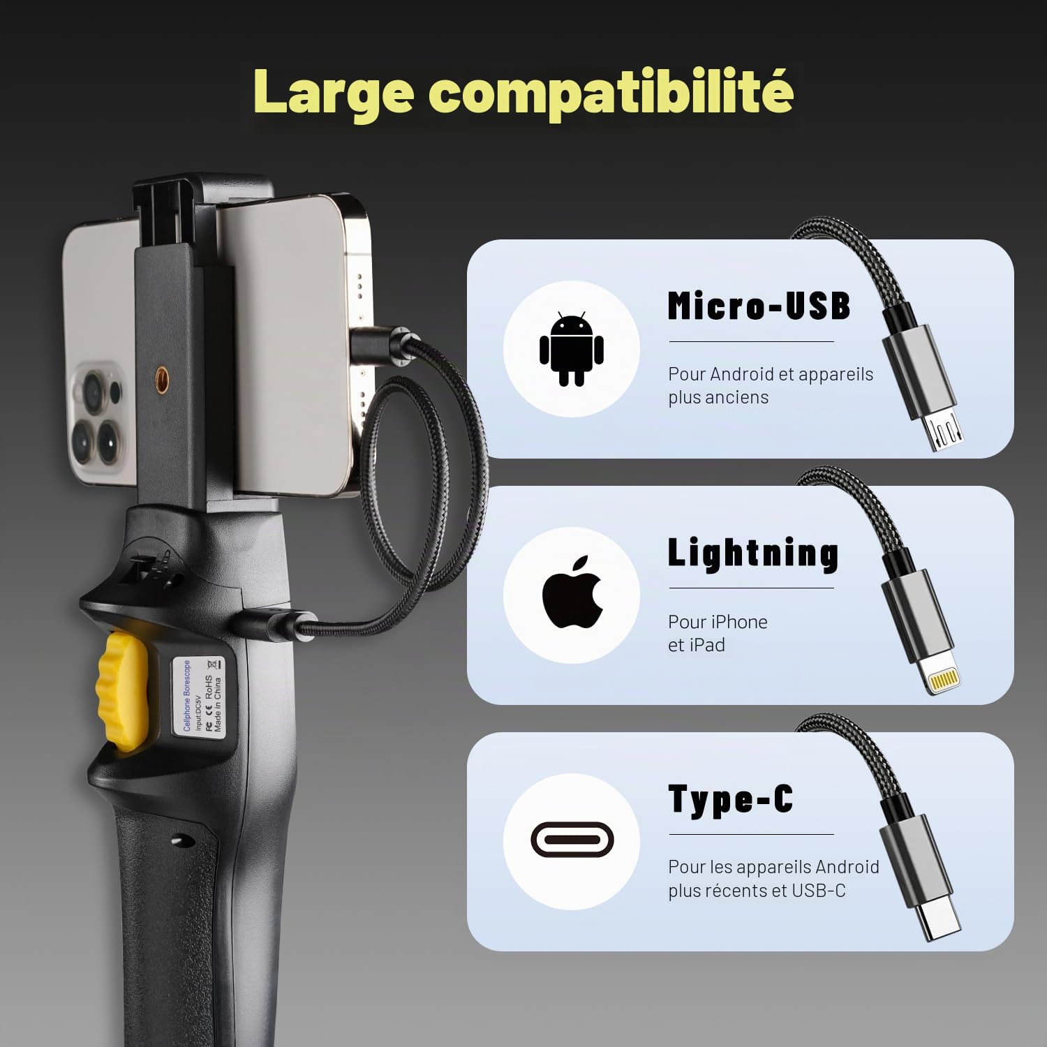 Caméra Endoscopique, 720P HD Camera Inspection Canalisation avec 6 LED Réglables, Compatible Android et iOS, Endoscope IP67 Étanche pour Réparation Auto, Plomberie et Maison