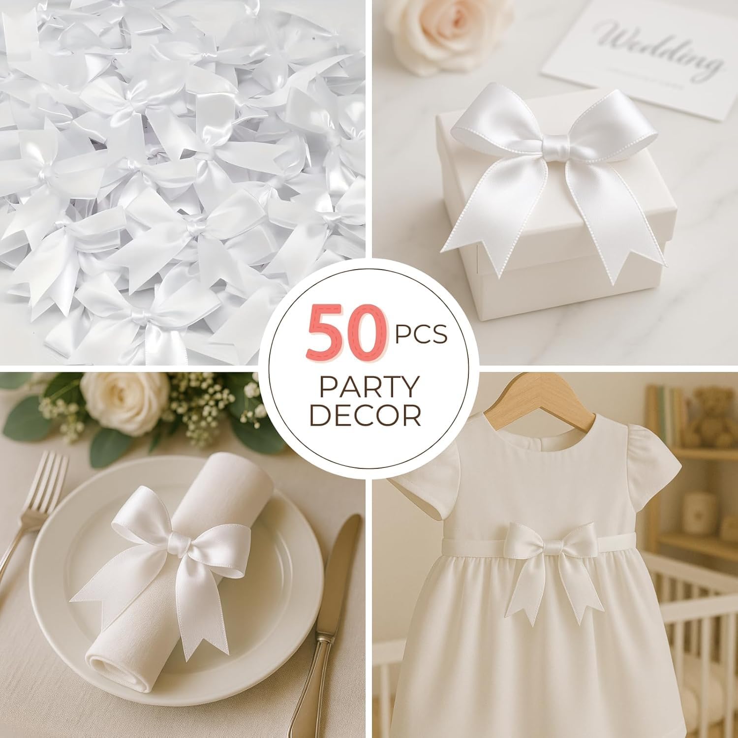 100pcs White Gift Wrap Bows - 3.3 Inch Elegant Bows for Gift Wrapping, Party Decorations, Wedding Decor, Birthday Presents, Holiday Gifts, DIY Crafts, Baby Shower, Anniversary, Christmas, Gift Bags image 3
