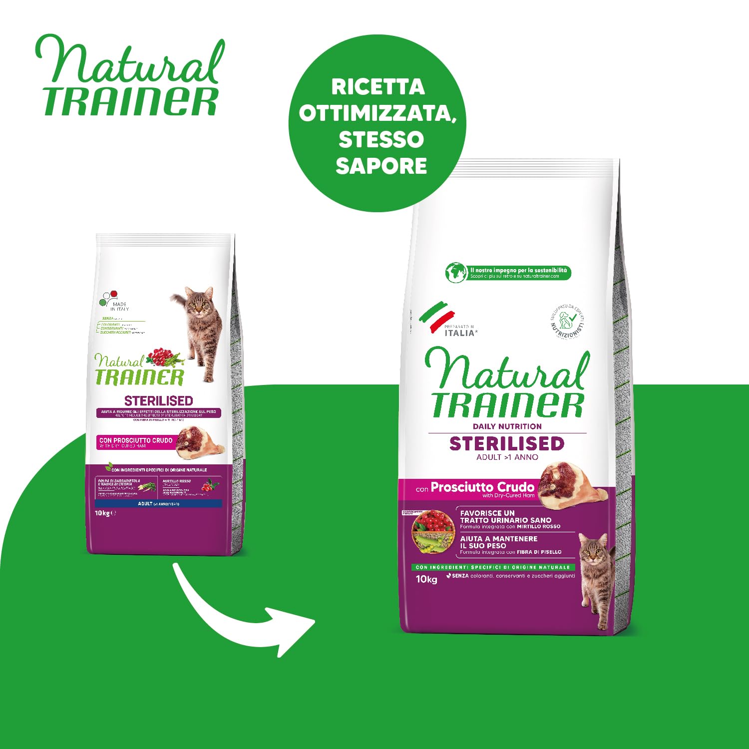 Trainer Natural Sterilised Adult con Prosciutto Crudo e Fibra di Pisello 10 Kg, 10000 Gr