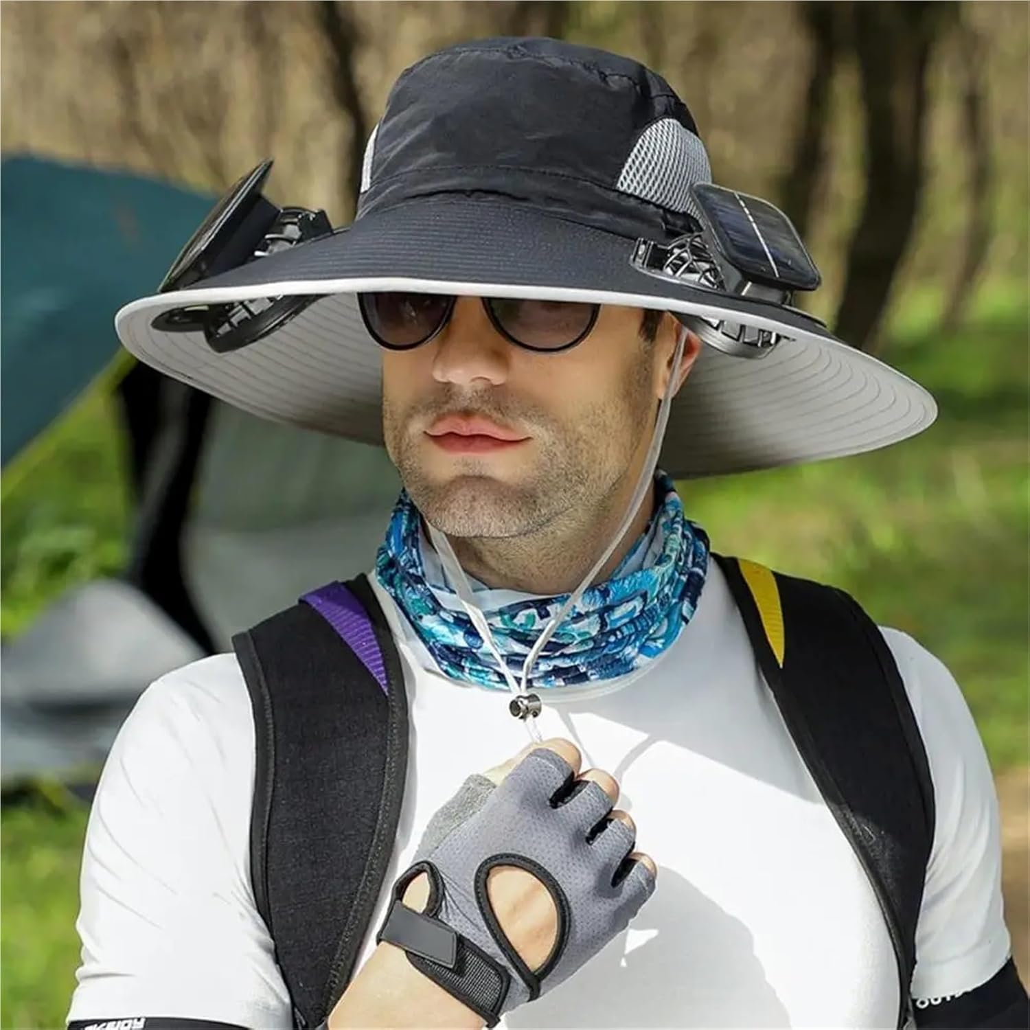 Outdoor Wide Brim Sun Hat with Fan Solar Fan Outdoor Fishing Hat Solar USB Adjustable 1Pcs