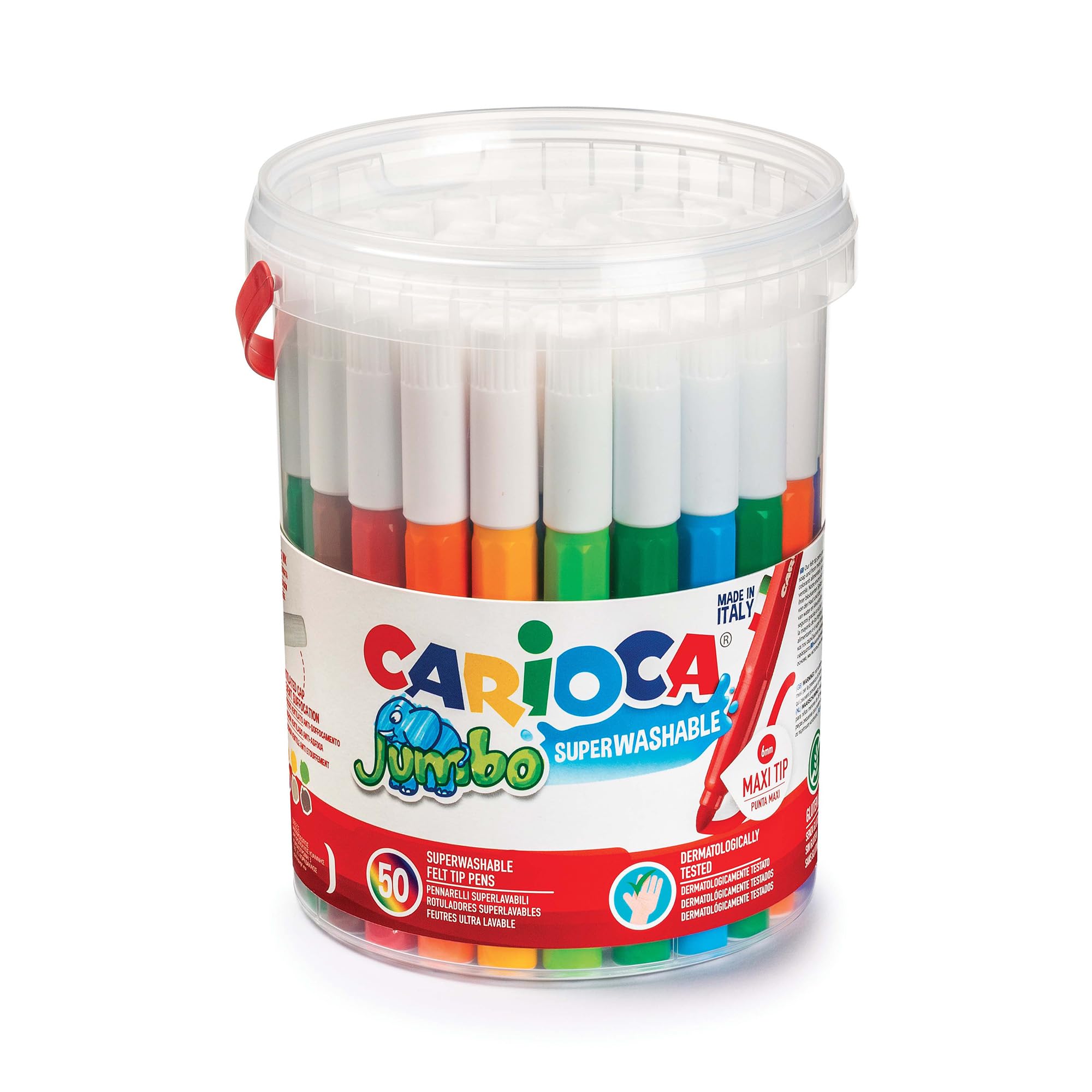 Carioca JUMBO BOTE con ASA, 42312 - Bote de Rotuladores Punta Maxi Super Lavables, 50 Unidades, Multicolor