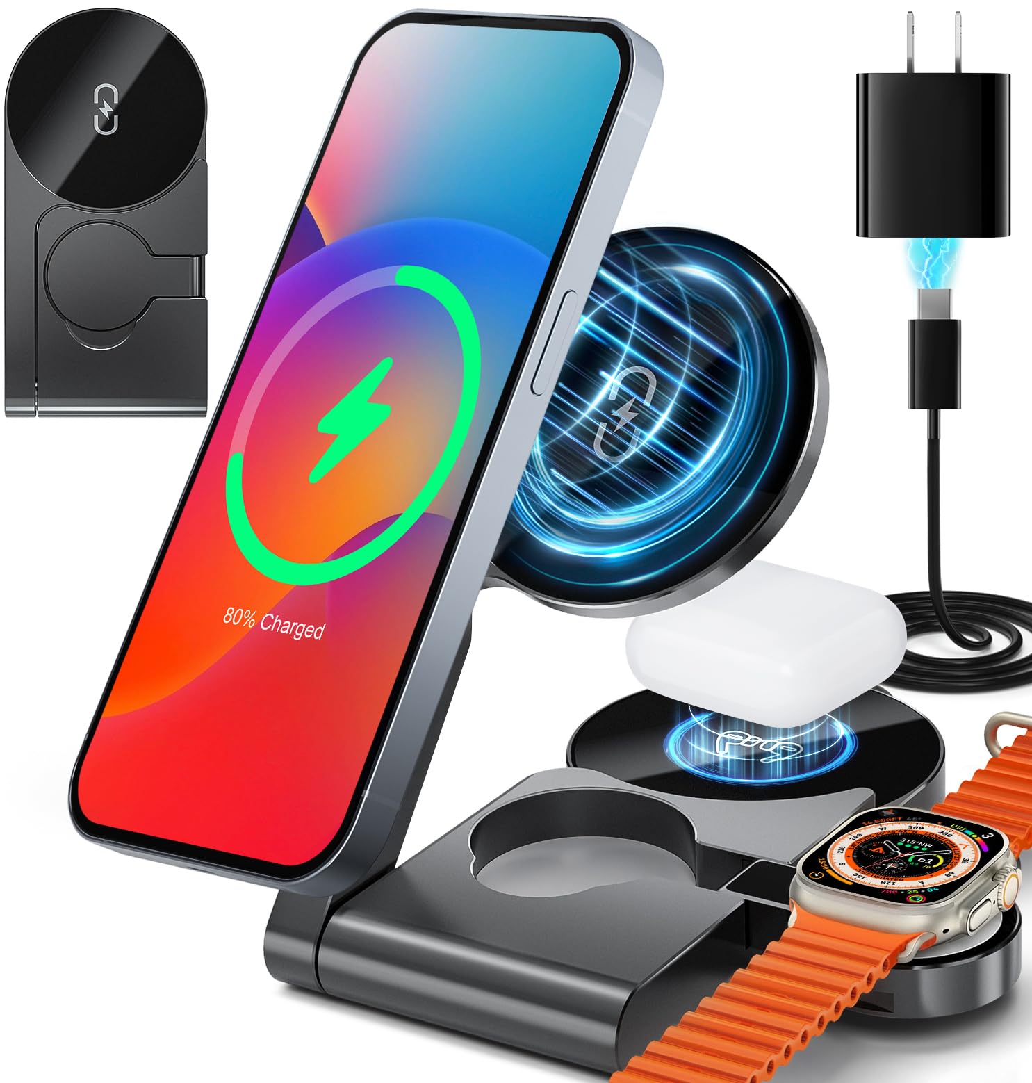 Upgraded Foldable 15W Magnetic 3 in 1 Charging Station for Apple Devices MagSafe-Compatible Wireless Charger Stand for iPhone 16/15/14/13/12 Series, AirPods, Apple Watch (USB-C Charger Included)
