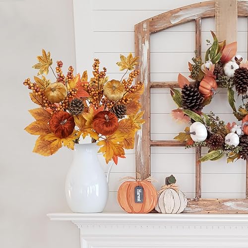 Miniatura 4 de Briful Paquete de 2 púas y aerosoles de otoño de 16 pulgadas con calabazas de terciopelo, piñas, bayas, hojas de arce, ramas florales artificiales