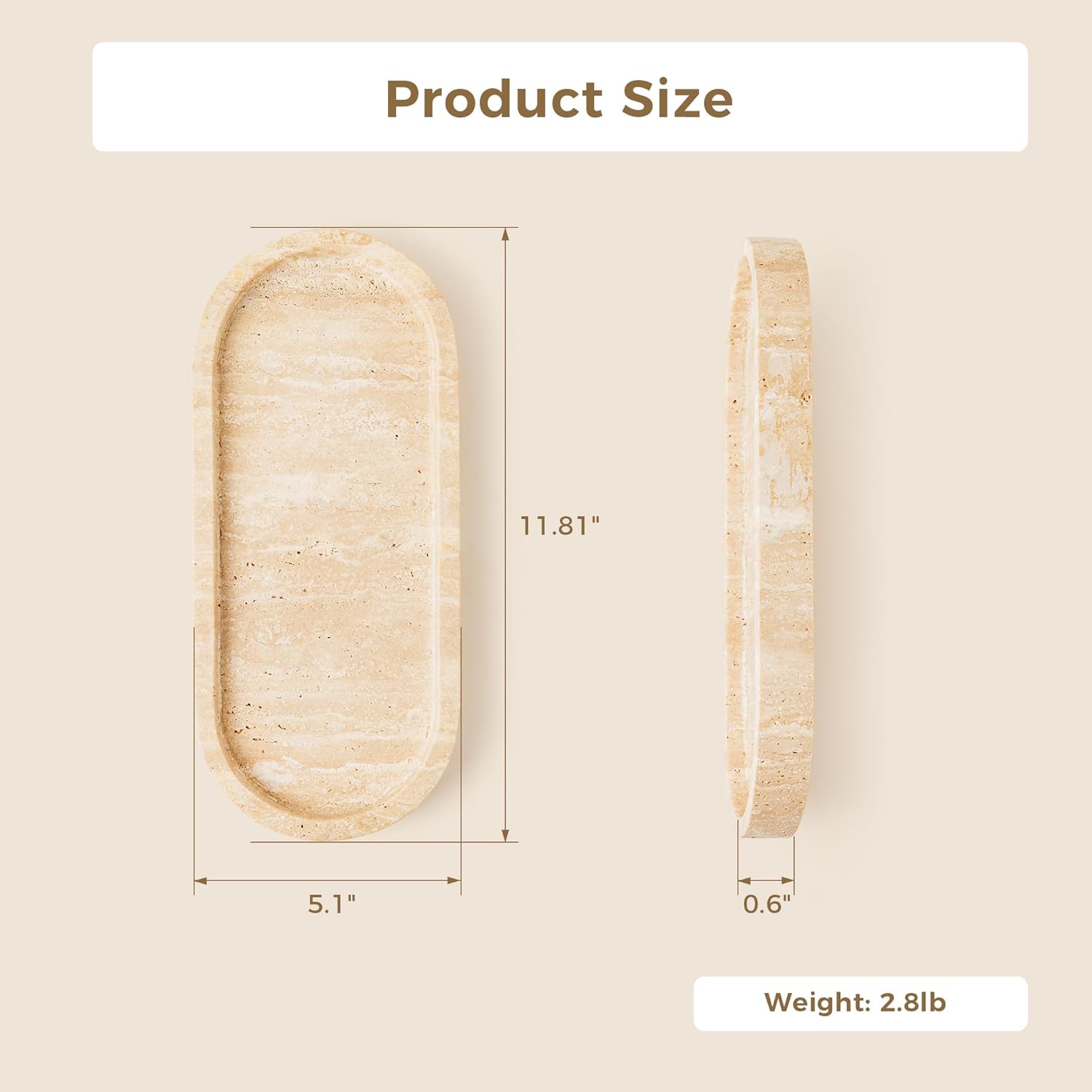 WORHE Marble Vanity Tray 11.8" x 5" Italy Natural Travertine Stone Decorative Trays for Jewelry Candles Perfume, Countertop Storage Organizer for Bathroom Dresser Kitchen Home Decor Beige (WH033)