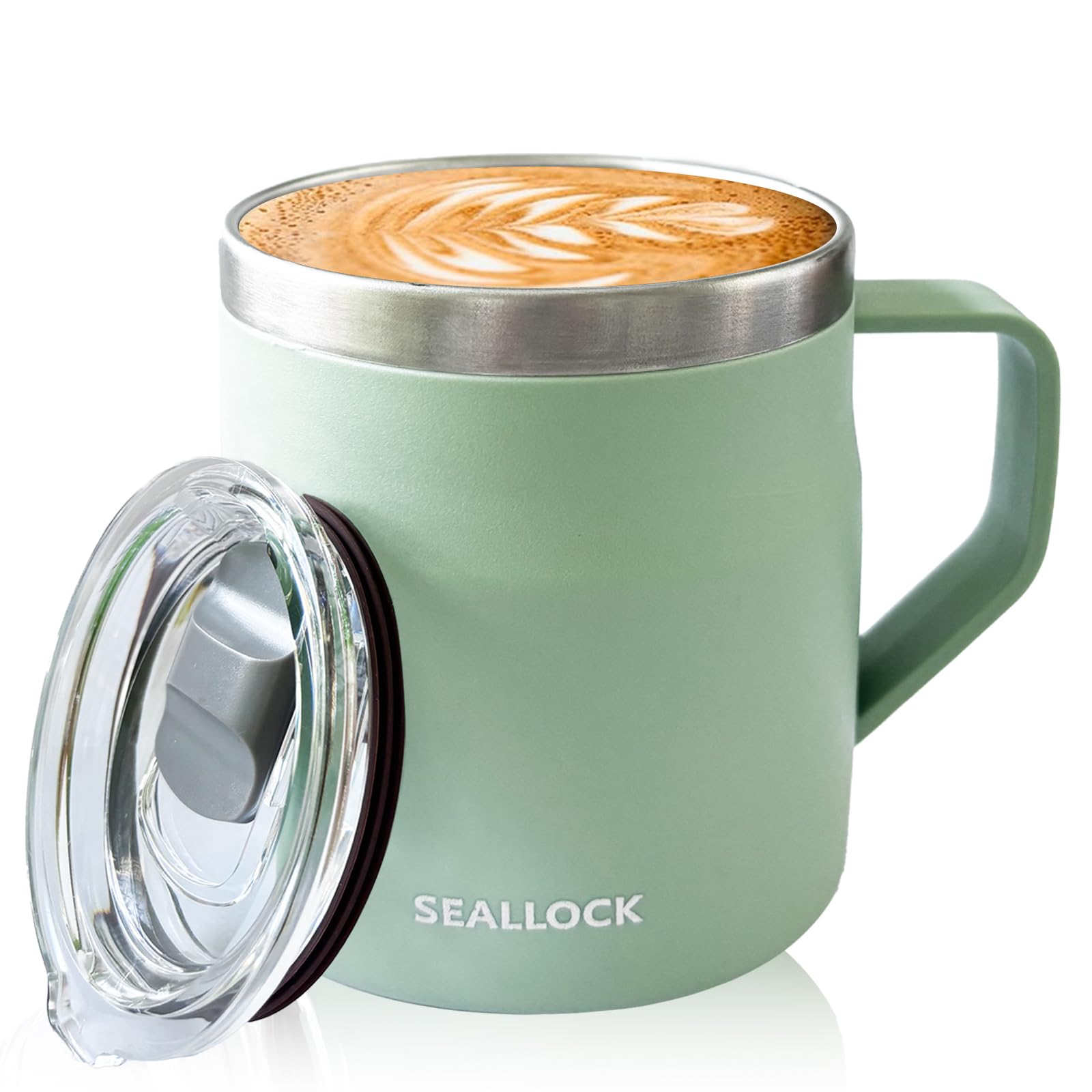 YueXing 450ml Stainless Steel Coffee Mug with Lid and Handle – Wide-Mouth Easy-Clean Desk Mug for Home or Office (Green)