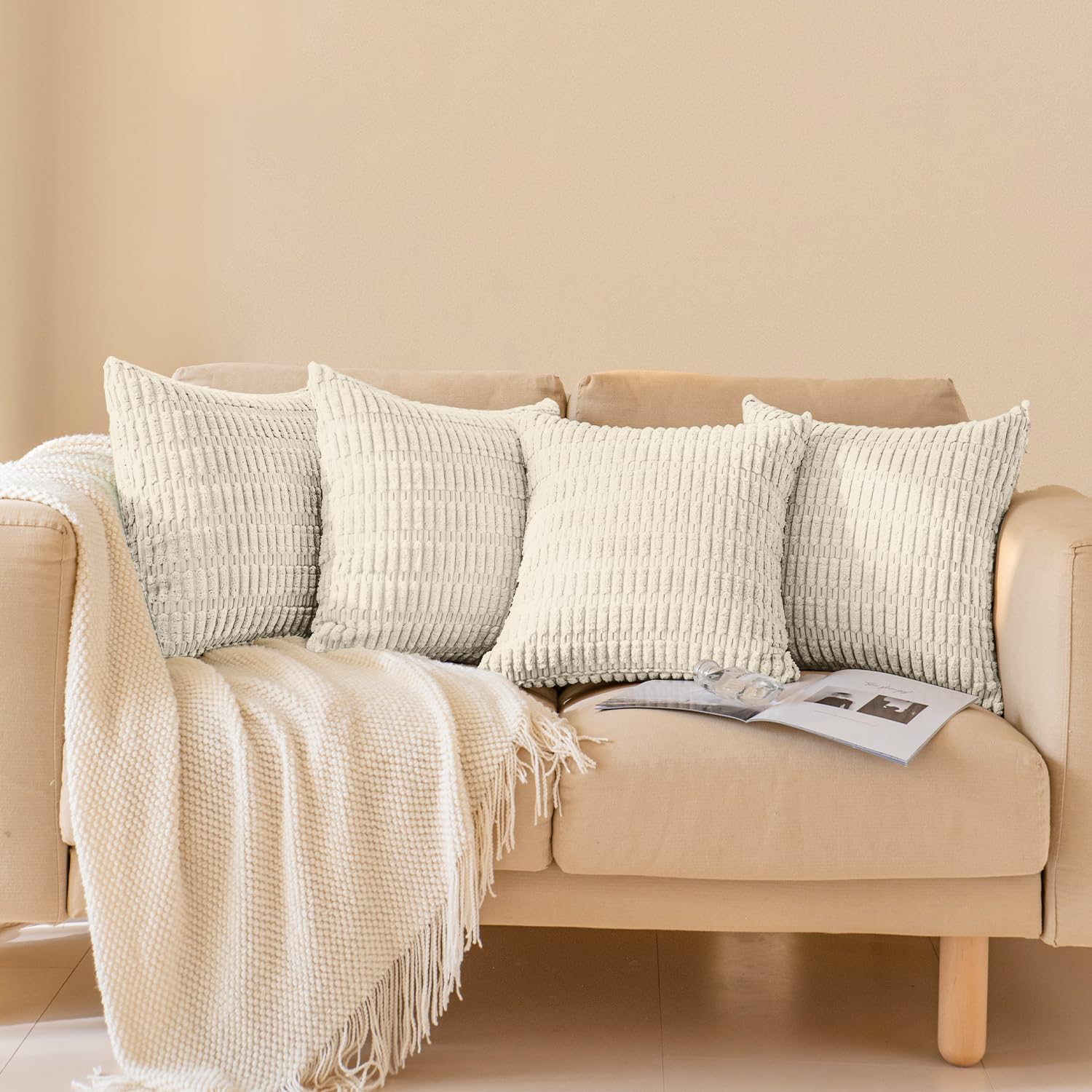 Softalker Throw Pillow Covers 18x18 Inch, Set of 4, Corduroy Soft Striped Farmhouse Boho Pillow Cover, Modern Decorative Cushion Pillow Case for Couch Sofa Bedroom Living Room, Cream