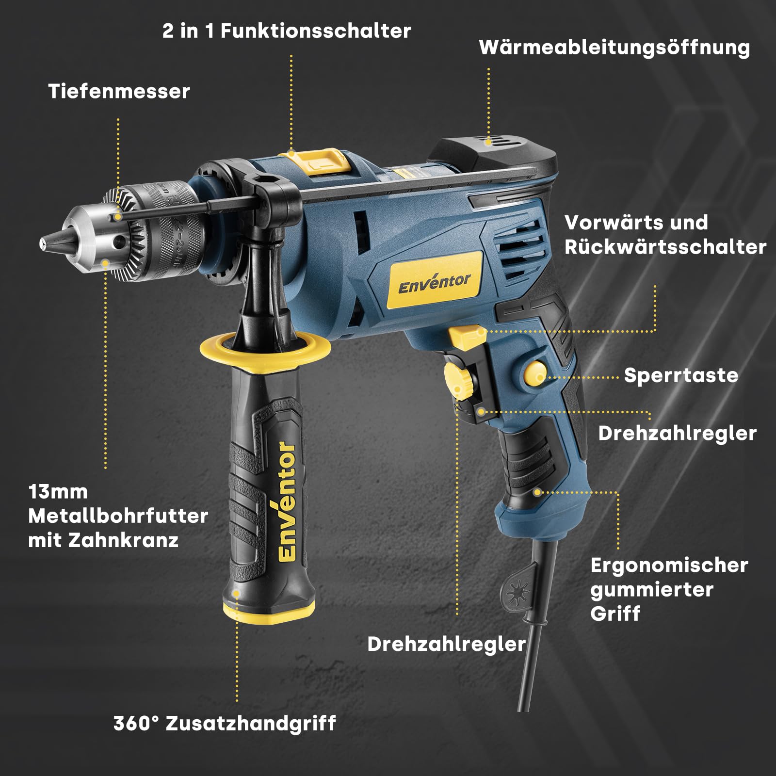 Enventor 750W Schlagbohrmaschine, Elektrische Bohrmaschine mit 9 ​​Stück Bohren, elektr. Drehzahlregelung, 360° Zusatzgriff, (Max. Bohr-Ø: Holz: 25 mm, Beton: 13 mm, Metall: 10 mm)